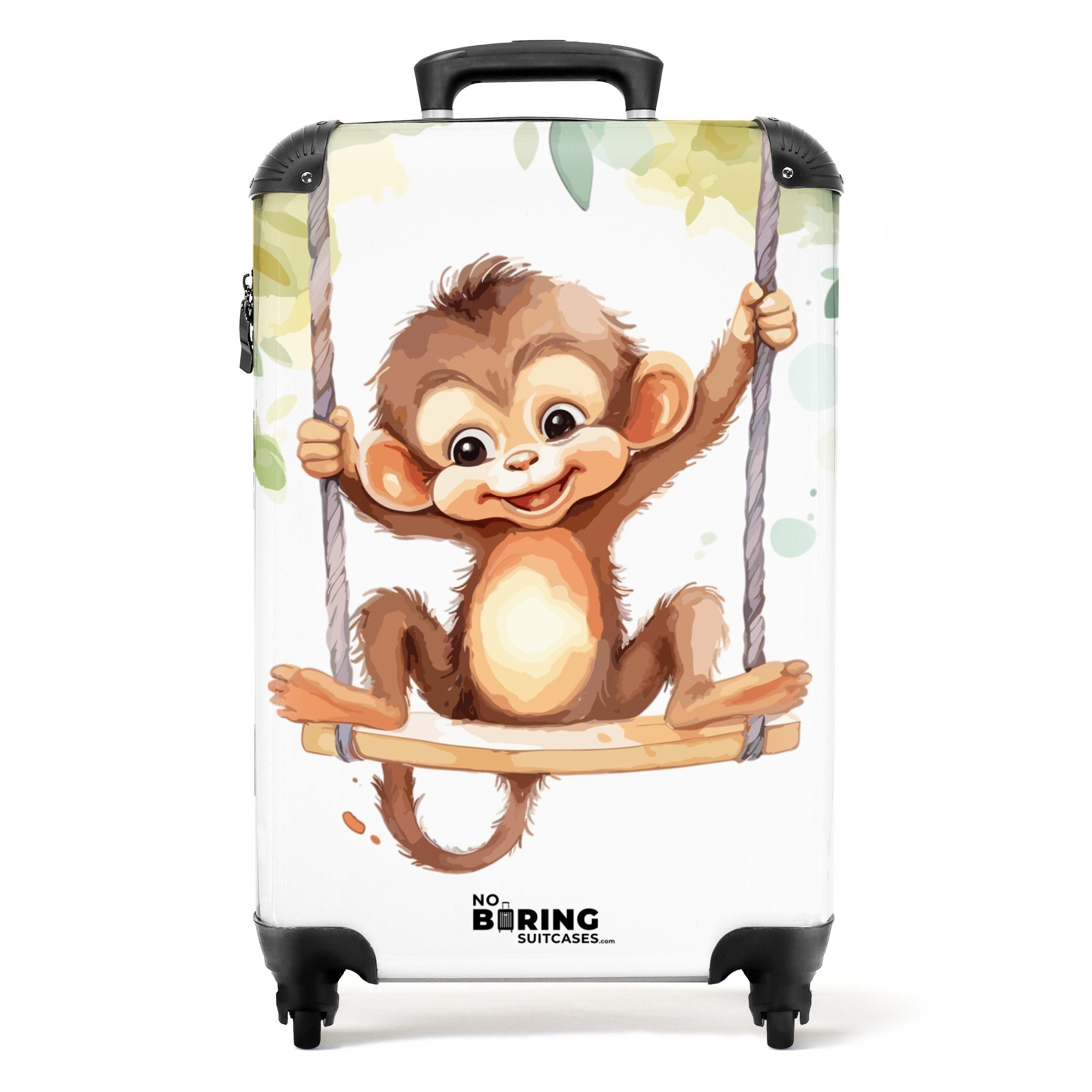 NoBoringSuitcases.com© Kinderkoffer mit leuchtende Räder - Baby - Fröhlicher Affe auf einer Schaukel Illus, 4 Rollen, Mittelgroßer Reisetasche mit Rollen für 20kg, Kinderkoffer