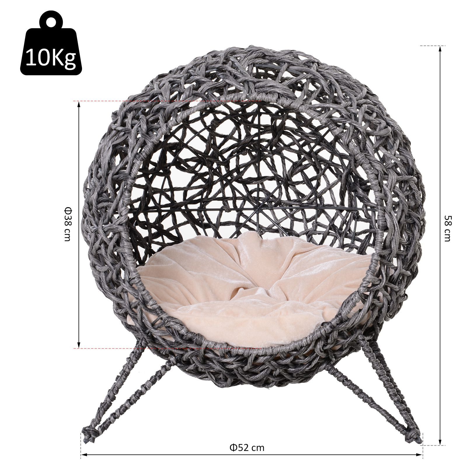 PawHut Tierhaus Katzenhöhle aus PE-Rattan mit Kissen, erhöhten Füßen PE-Rattan, für Katzen, Silbergrau
