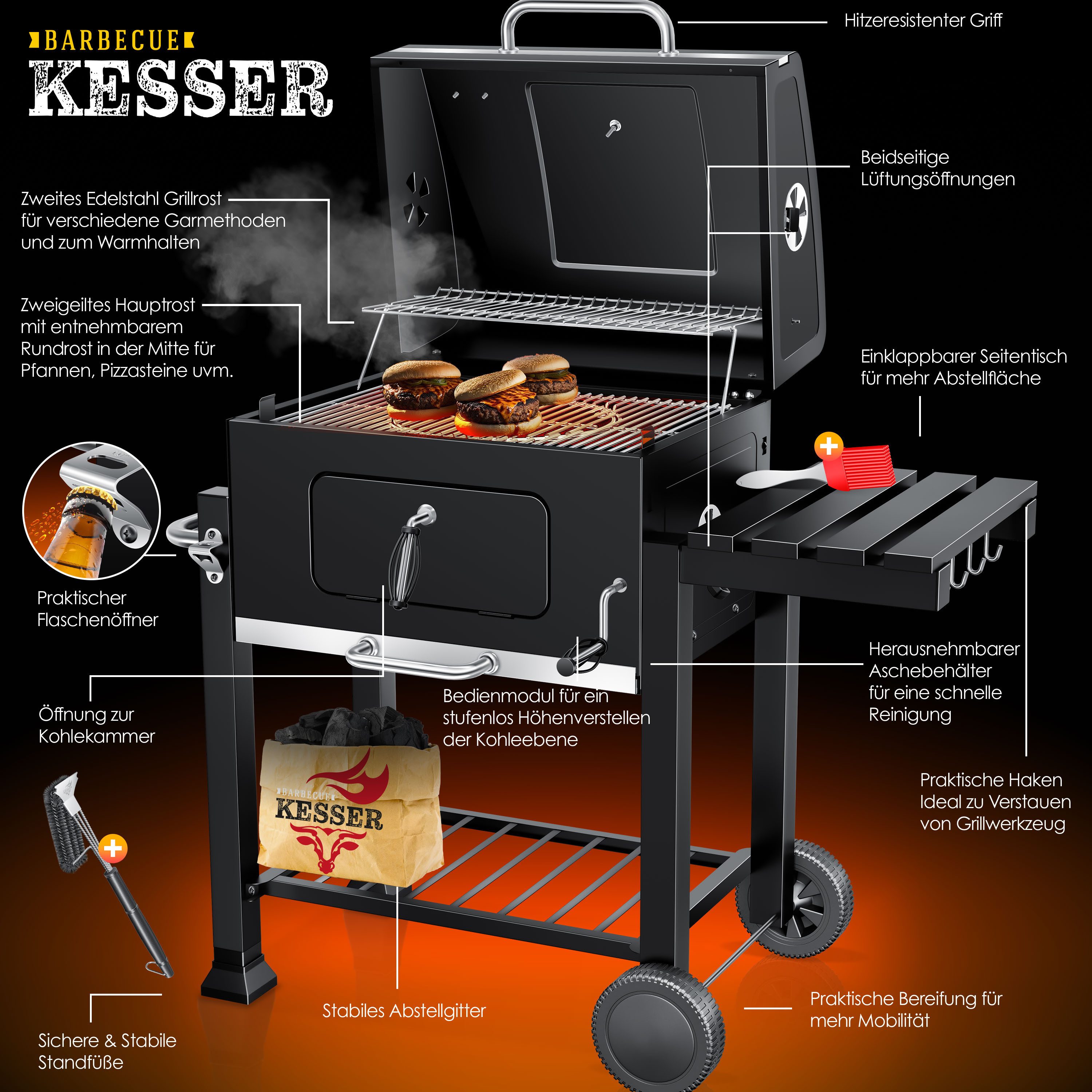 KESSER Holzkohlegrill Grillwagen BBQ Smoker XL Holzkohlegrill mit Deckel, Rädern, Edelstahl-Griff, Thermometer, Grillrost, Standgrill, Kohlegrillwagen