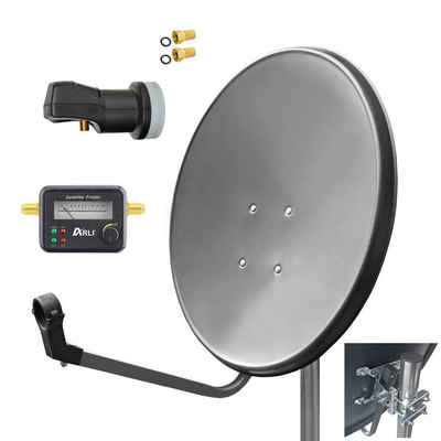 ARLI 60cm HD SAT Anlage grau + Single LNB + Satfinder SAT-Antenne (60 cm, Stahl, 2x F-Stecker vergoldet set)