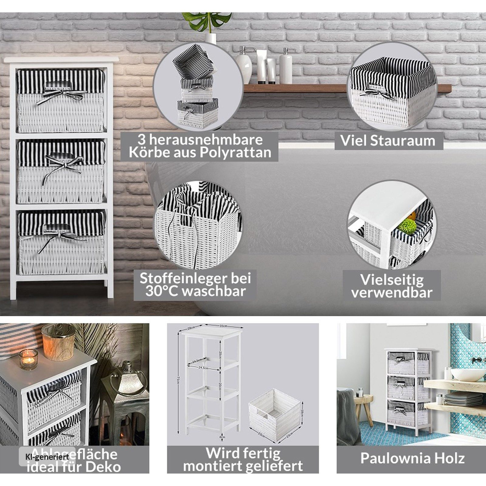 HTI-Living Badregal Regal mit 3 Körben Mia Landhaus Weiß Schwarz, Stück 1-tlg., Badregal Schubladenkommode