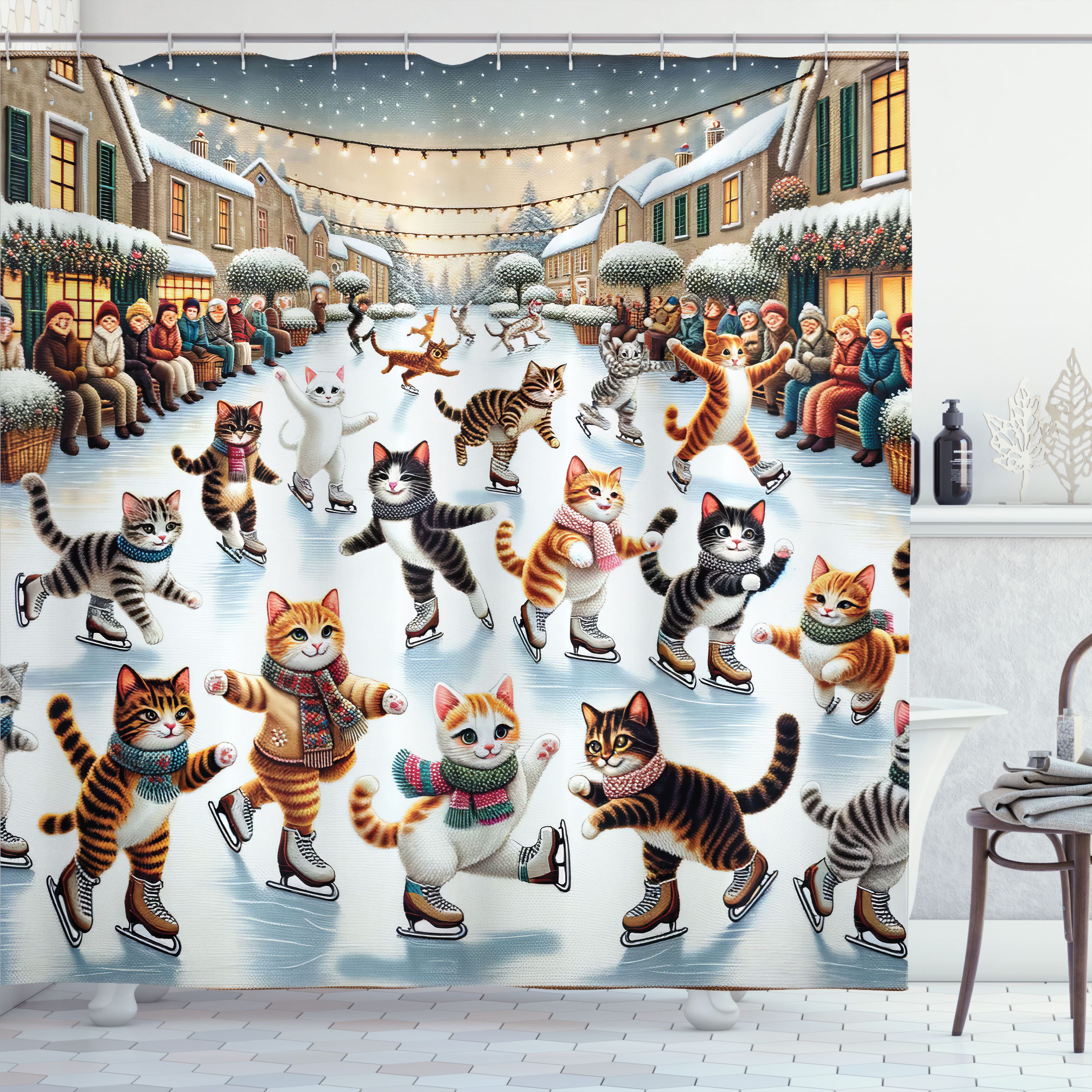 Abakuhaus Duschvorhang Moderner Digitaldruck mit 12 Haken auf Stoff Wasser Resistent Breite 175 cm, Höhe 180 cm, Katze Kätzchen beim Eislaufen