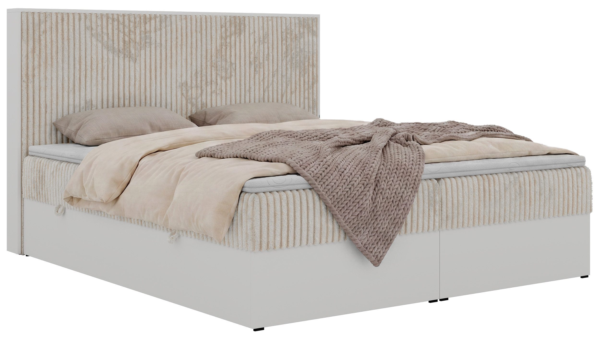 MKS MÖBEL Boxspringbett TRAVIT (Packung, Sett, Cordbett, Topper T25/Visco, hohe Kopfteil, Multipocket-Matratze), Doppelbett, Stauraum, weiße Deko-Möbelplattenelementen