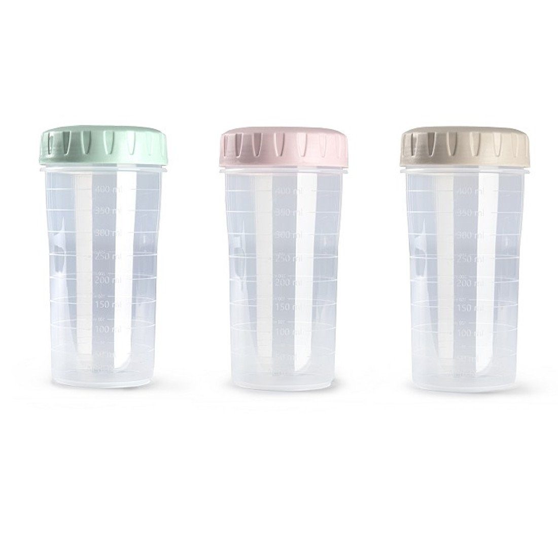 Sanixa Messbecher rund stapelbar Kunststoff BPA frei Messbehälter Küche platzsparend, Kunststoff BPA frei, (Spar-Set), 3er Set Messbecher mit Deckel Taupe, Mint & Rosé 500 ml ohne Griff
