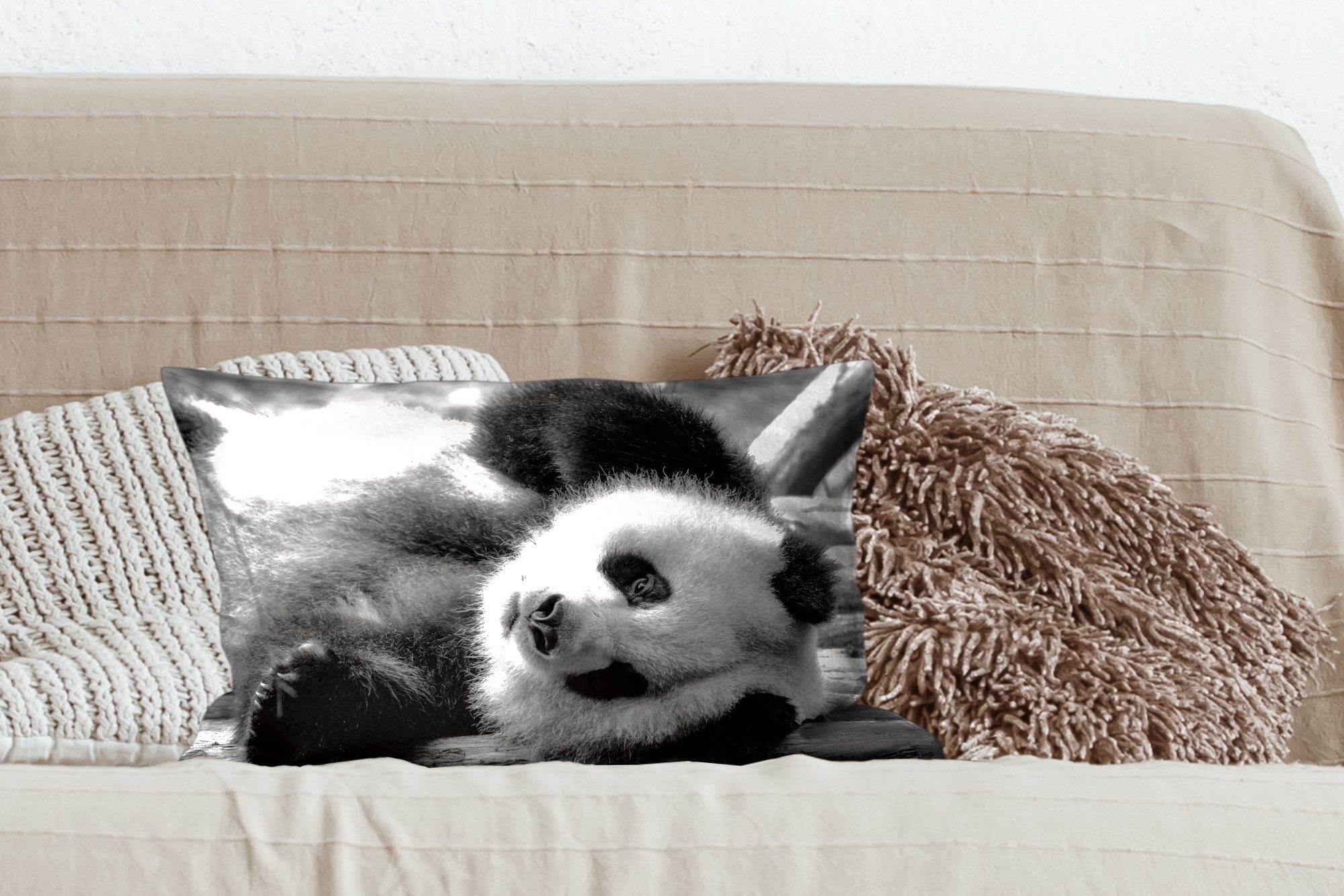 MuchoWow Dekokissen Tierprofil rollenden Panda weiß, mit in Füllung, Dekoration, Wohzimmer schwarz Zierkissen, und Dekokissen Schlafzimmer