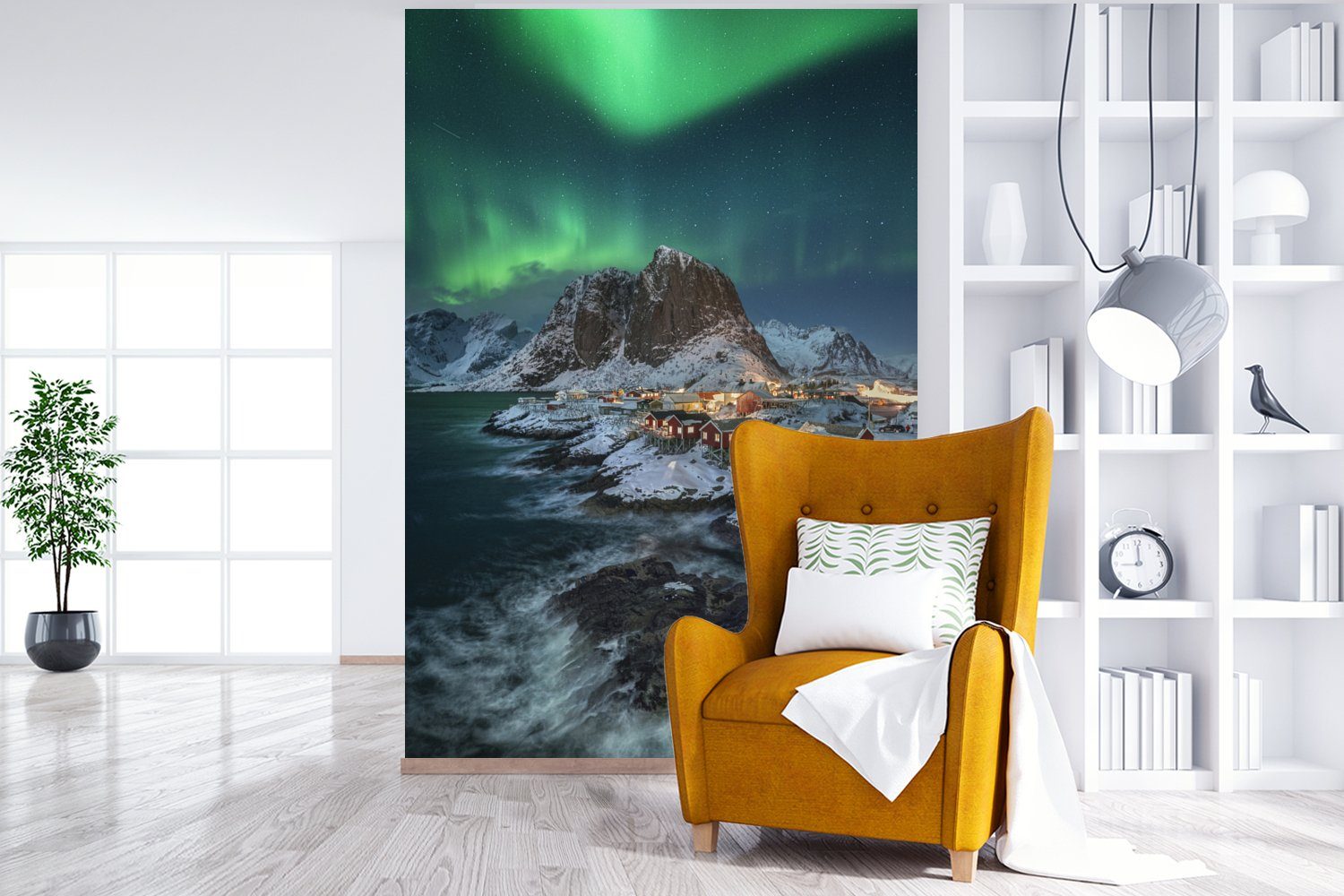 Abend St), Fototapete bedruckt, Tapete Vinyl - Berge, MuchoWow Montagefertig Wohnzimmer, (3 - für Aurora Matt, Wandtapete