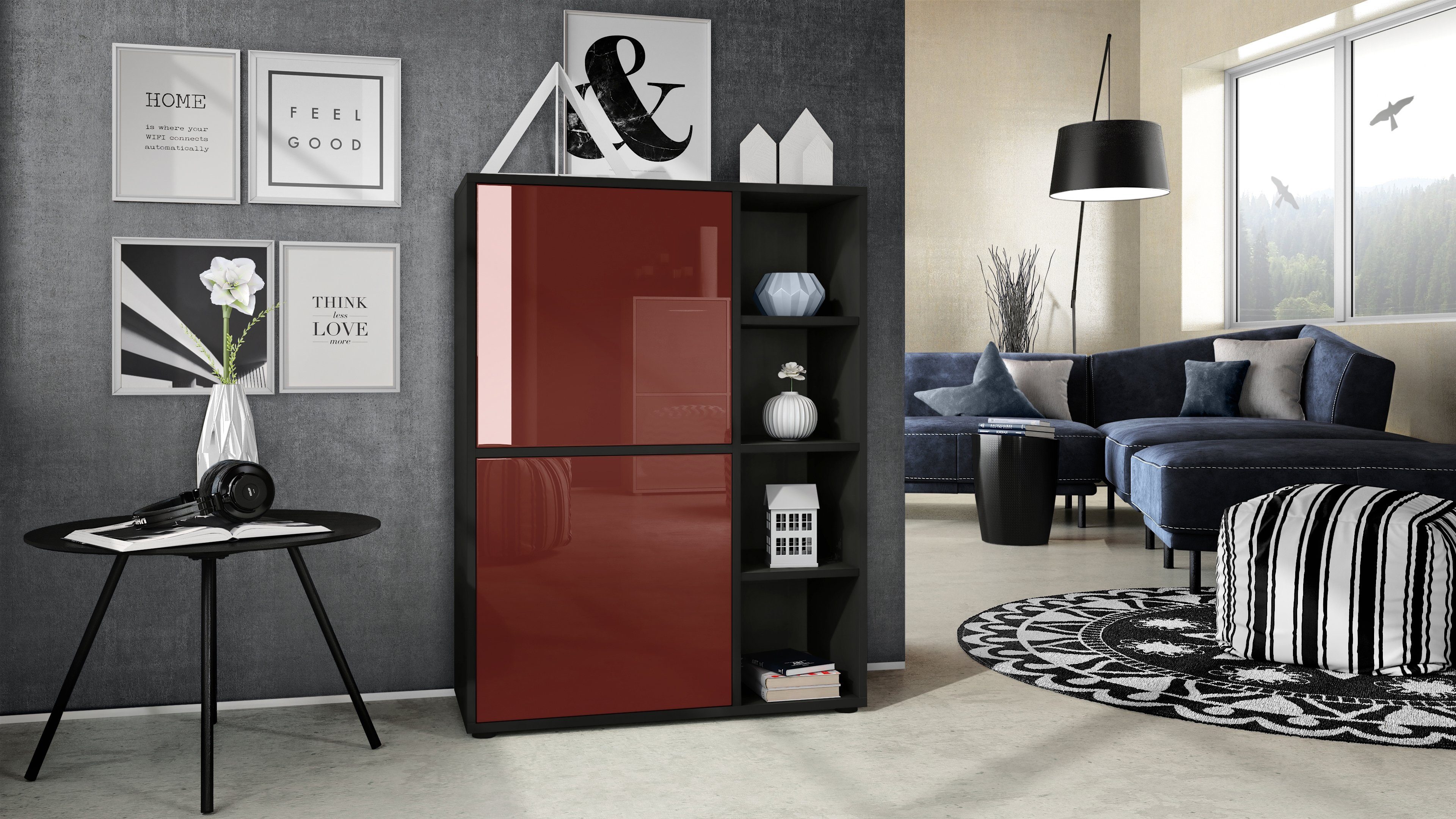 Vladon Highboard Cuba (Anrichte, mit 2 Türen und 4 offene Fächer), Schwarz matt/Bordeaux Hochglanz (79 x 105,5 x 35,5 cm)