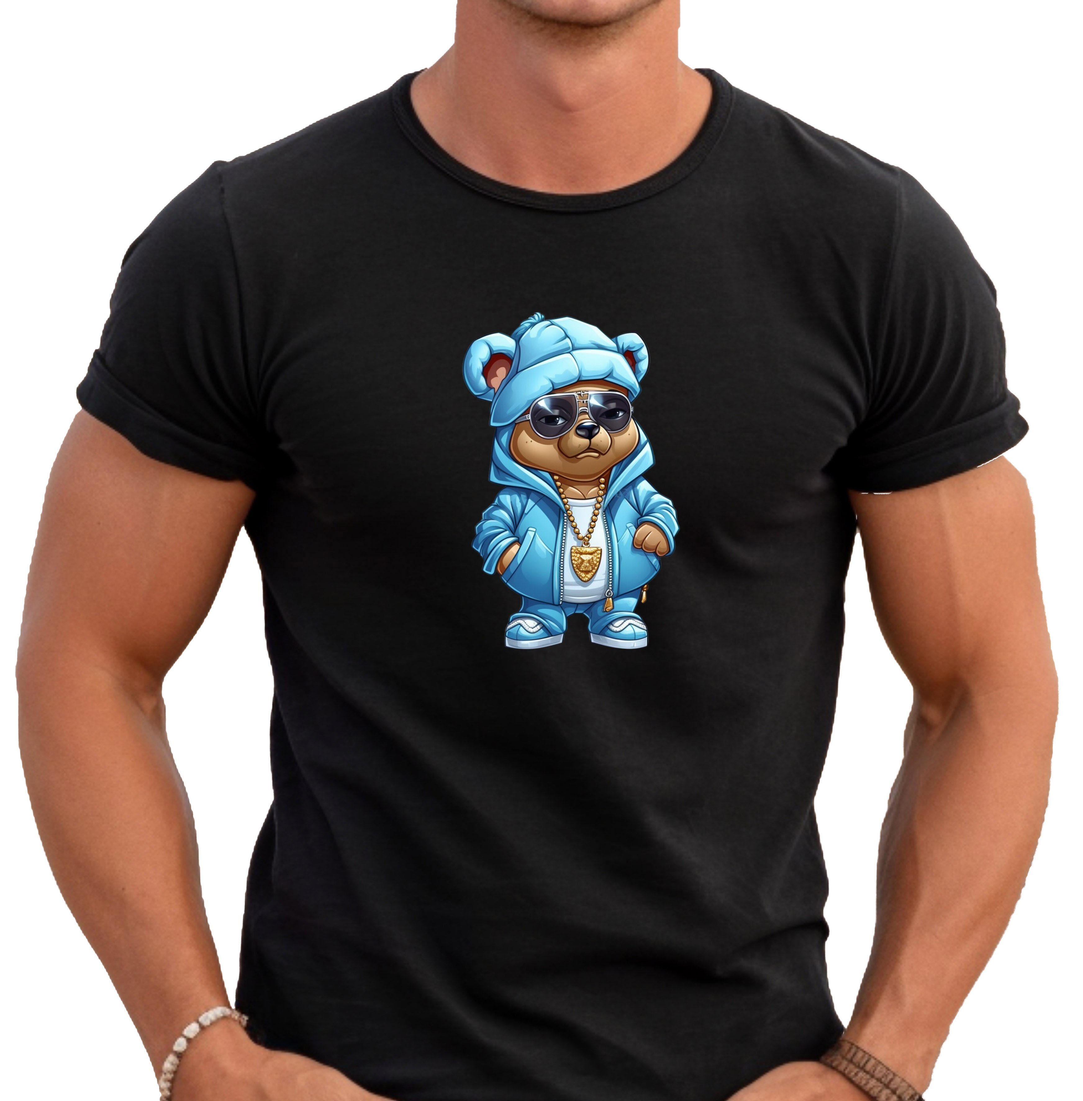 Bär 100% Banco Baumwolle Schwarz Gangster blauem T-Shirt mit Anzug
