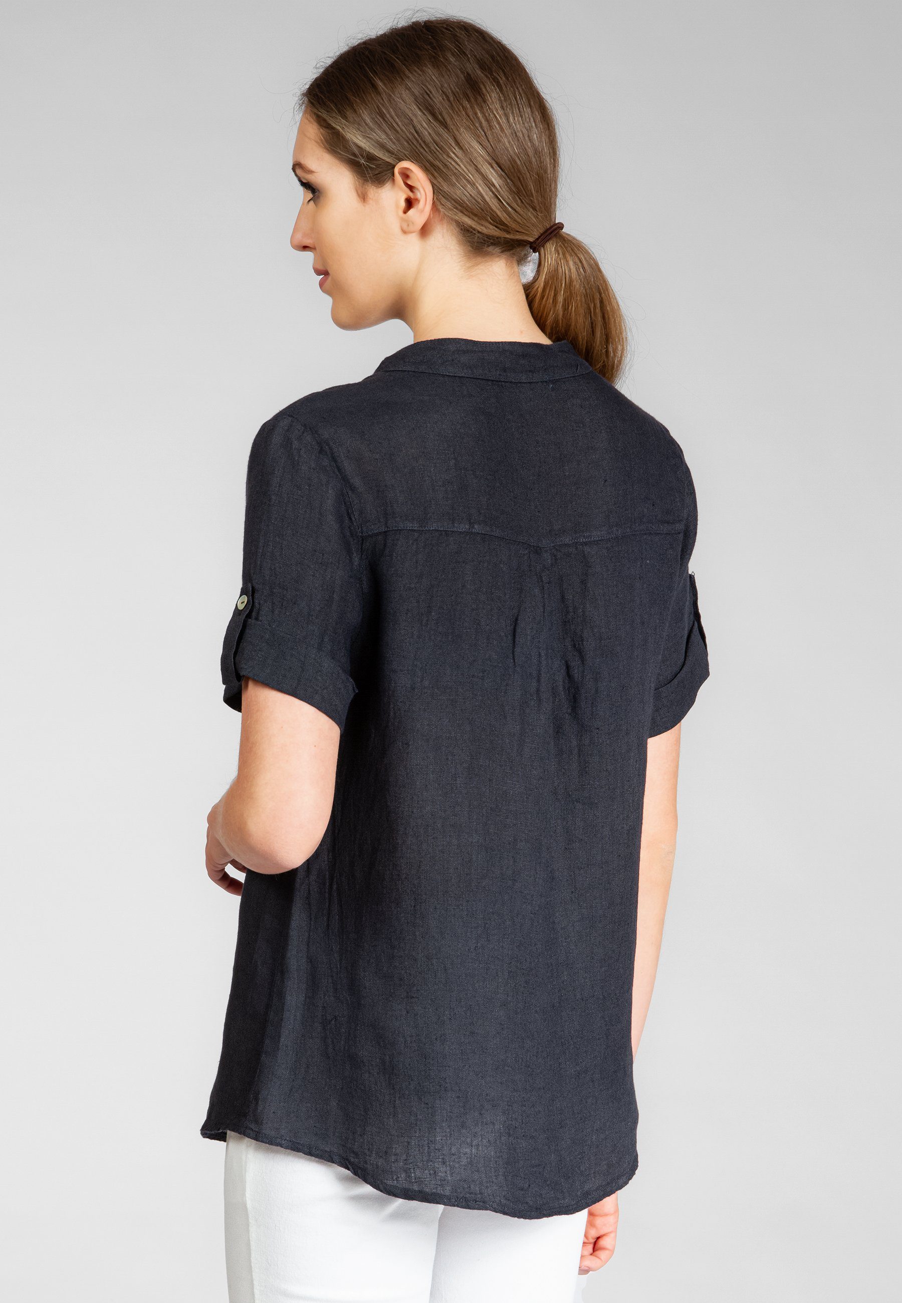Caspar Shirtbluse BLU024 elegante Damen Halbarm Sommer Leinenbluse mit stylischem V-Ausschnitt - Made in Italy