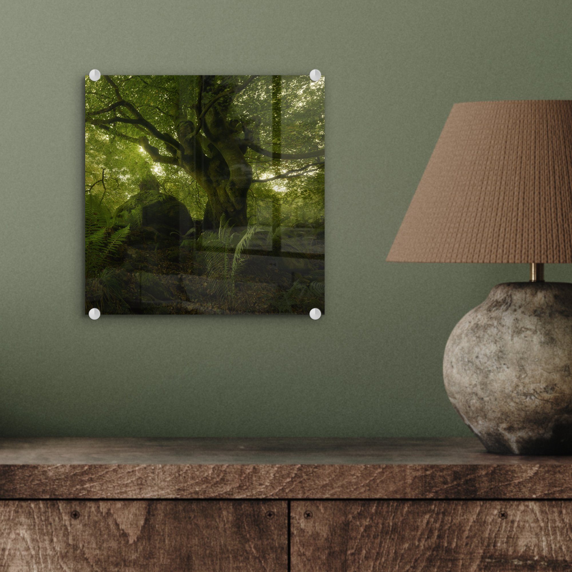 Dunkelgrüner St), Wald, Glas auf Glasbilder (1 Bilder auf - Glas - Wandbild - Foto Acrylglasbild MuchoWow Wanddekoration