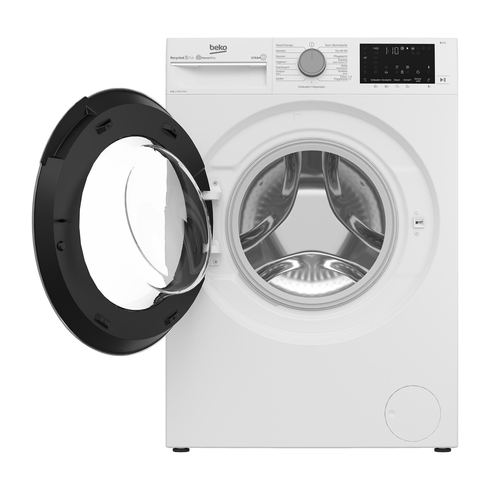BEKO Waschmaschine B3WFU58415W1, 8 kg, 1400 U/min, Dampf, Multifunktionsdisplay, Mengenautomatik, Watersafe