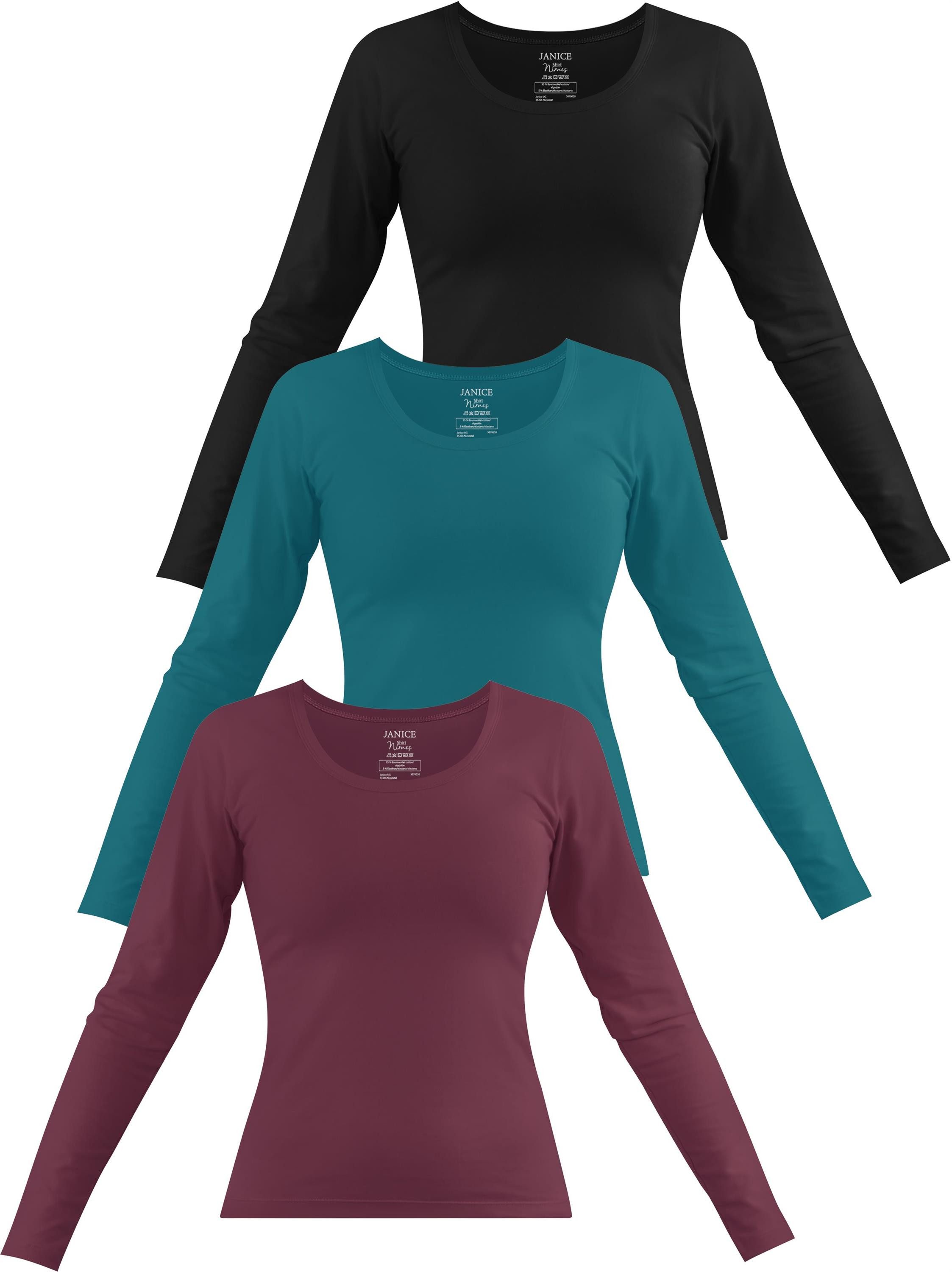 Janice Langarmshirt 3 x Damen Langarmshirt Nimes Figurbetonter Pullover aus Baumwolle