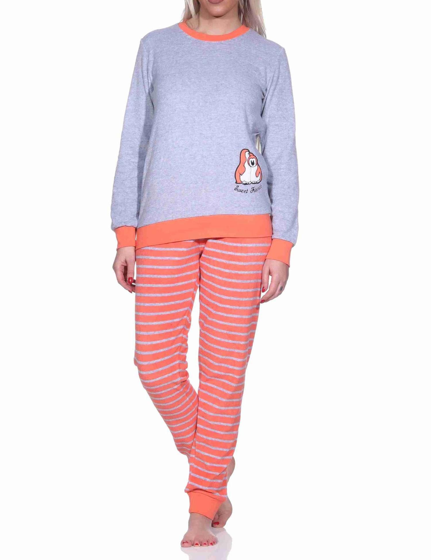 Normann Pyjama Damen Frottee Pyjama langarm mit Bündchen und Pinguin Stickerei