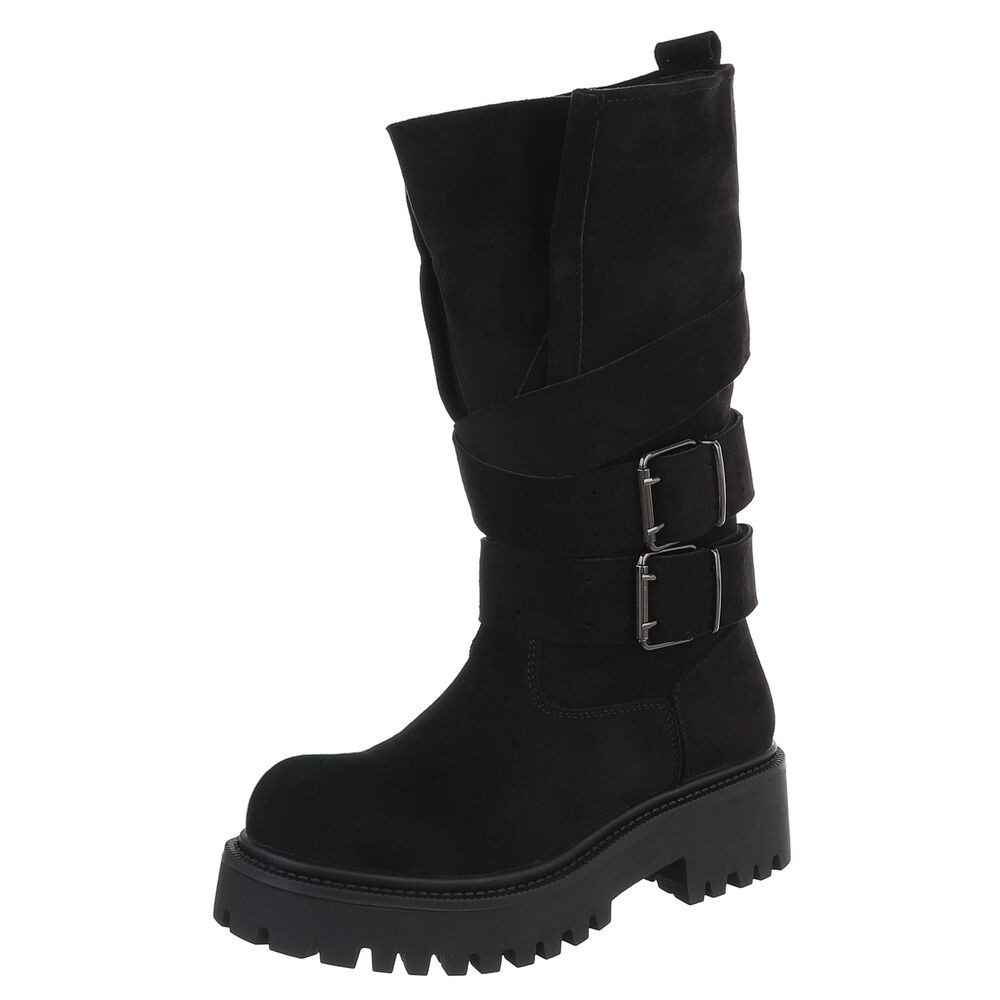 Ital-Design Damen Bikerstiefel mit Plateausohle und Schnallen Plateaustiefel (92299727) Blockabsatz Stiefel in Schwarz