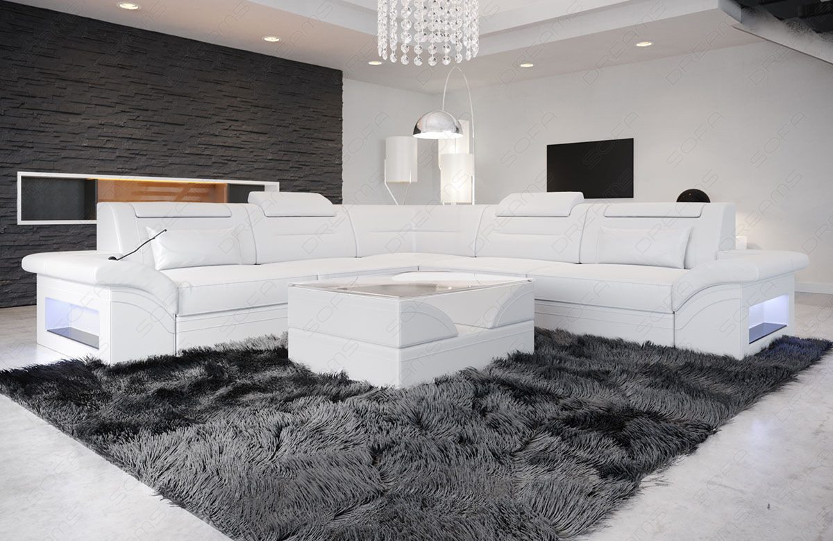 Sofa Dreams Ecksofa Brianza L Form Mini Leder, 4-Sitzer, LED-Beleuchtung, mehrere Farbkombinationen, USB, Kopfstützen