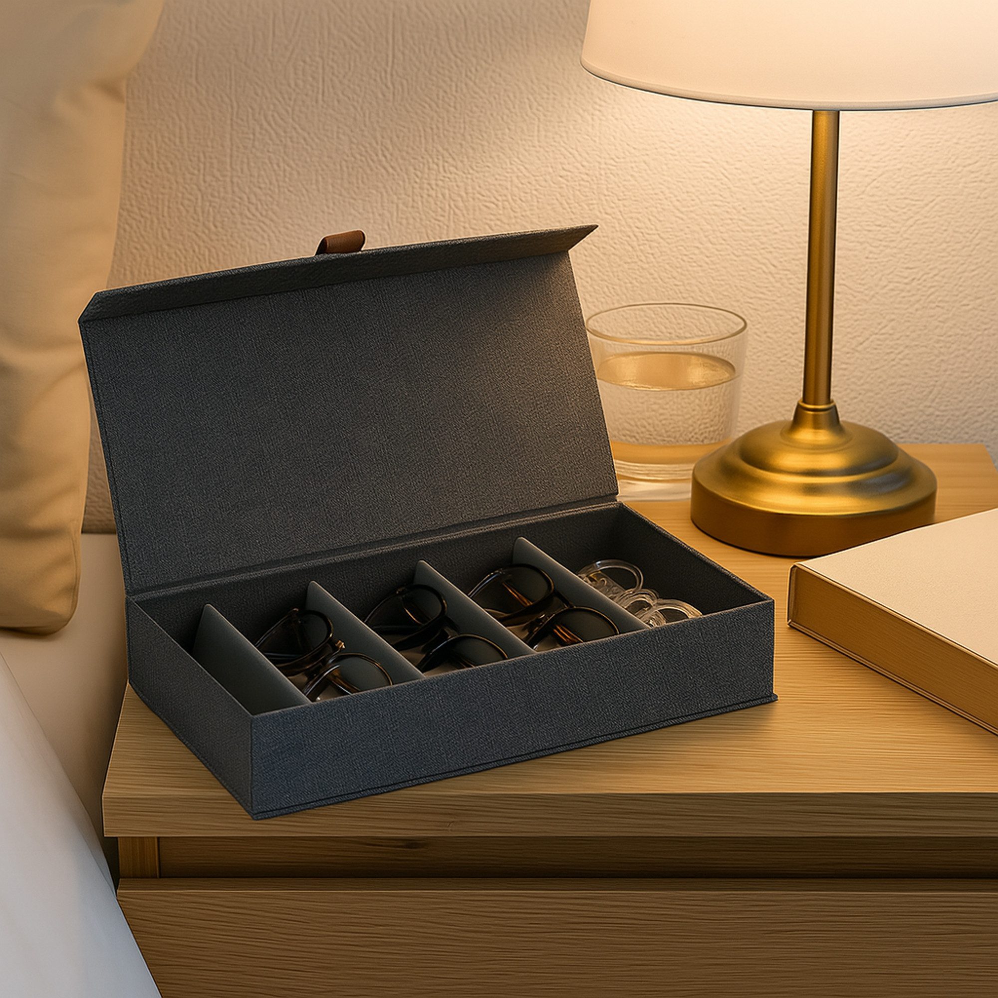 hausleben Brillenetui für 5 Brillen, Brillenbox aus Leinen mit Deckel und Magnet Verschluss, Verstärkt mit Holz