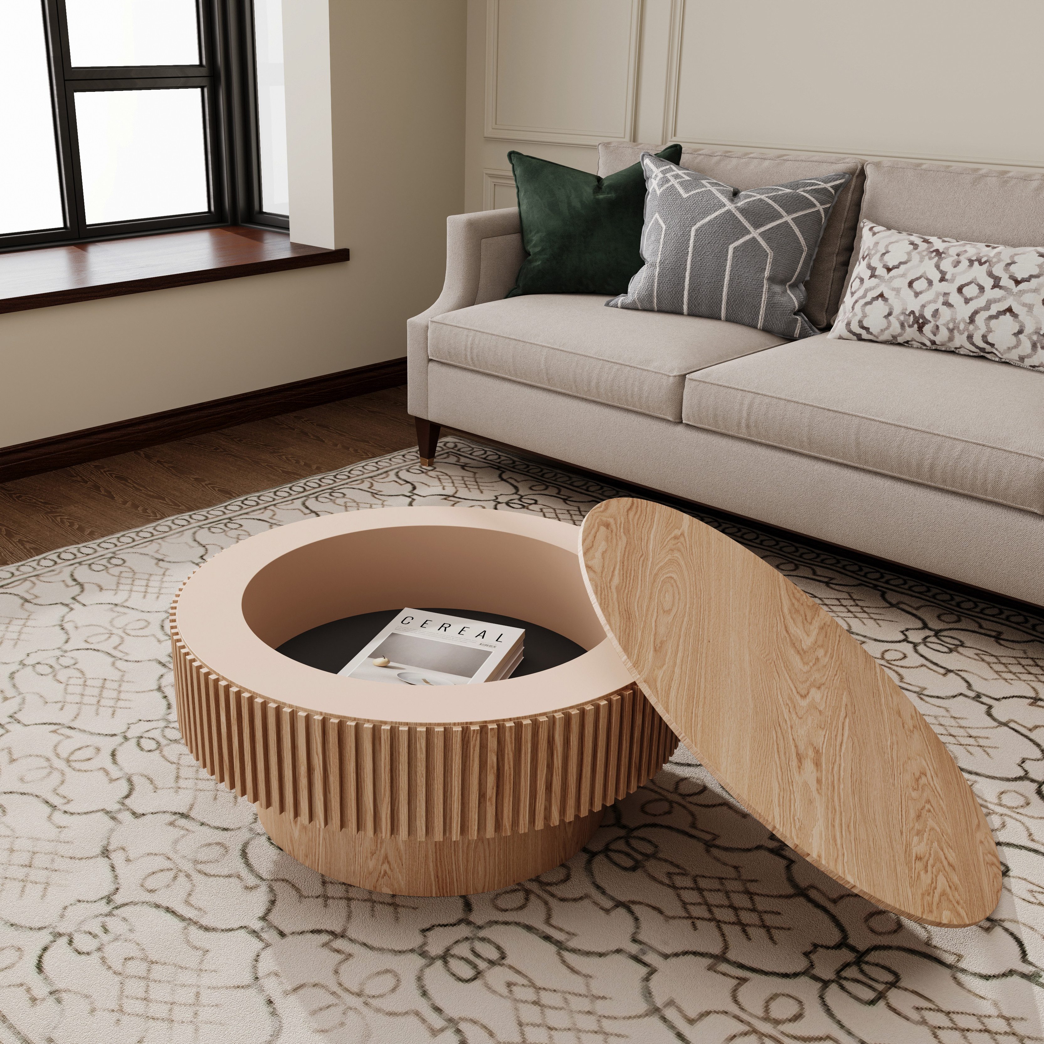 REDOM Ø75 cm mit Stauraum in Naturholz (Mit integriertem Stauraum, modernes Design, 1-St., Runder Couchtisch 75 cm, Echtholzfurnier, Naturholz), Vielseitig als Teetisch für Wohnzimmer, Büro & Apartment