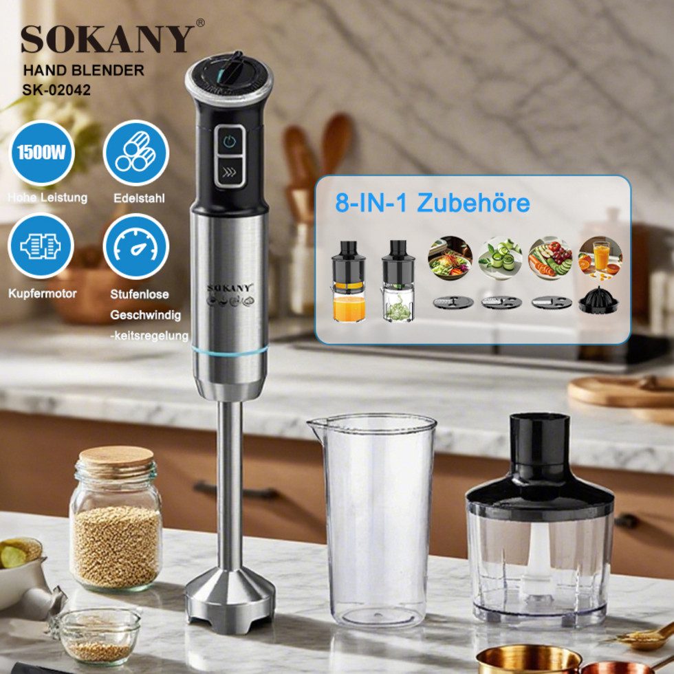 SOKANY Stabmixer Premium Set 8IN1 aus Edelstahl 1500W, Stufenlosreulierbar, 1500 W