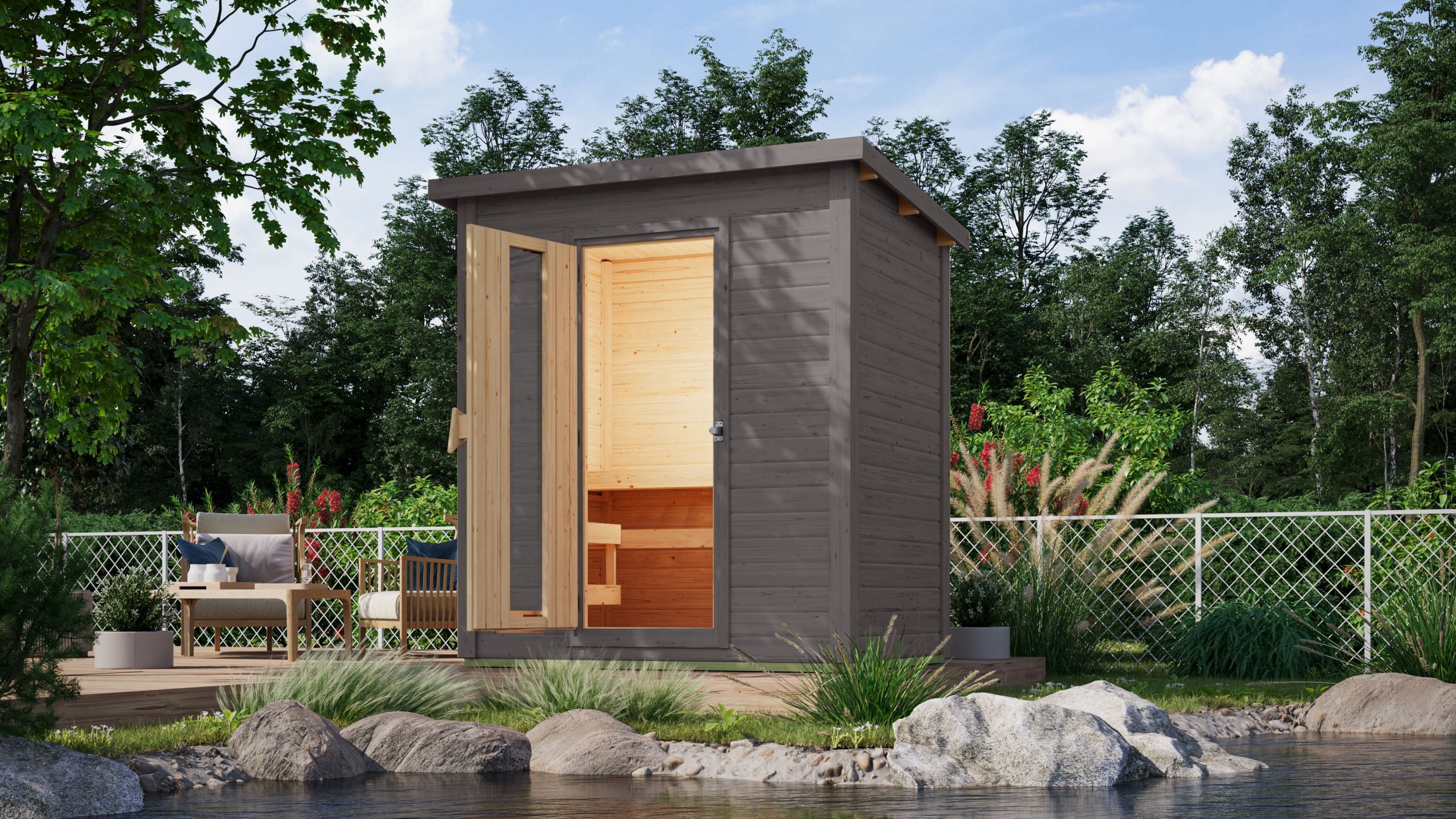 Karibu Saunahaus Saunahaus 38mm Melo 1 Ofen 9 kW integr. Strg terragrau, nordisches Fichtenholz, Made in Germany