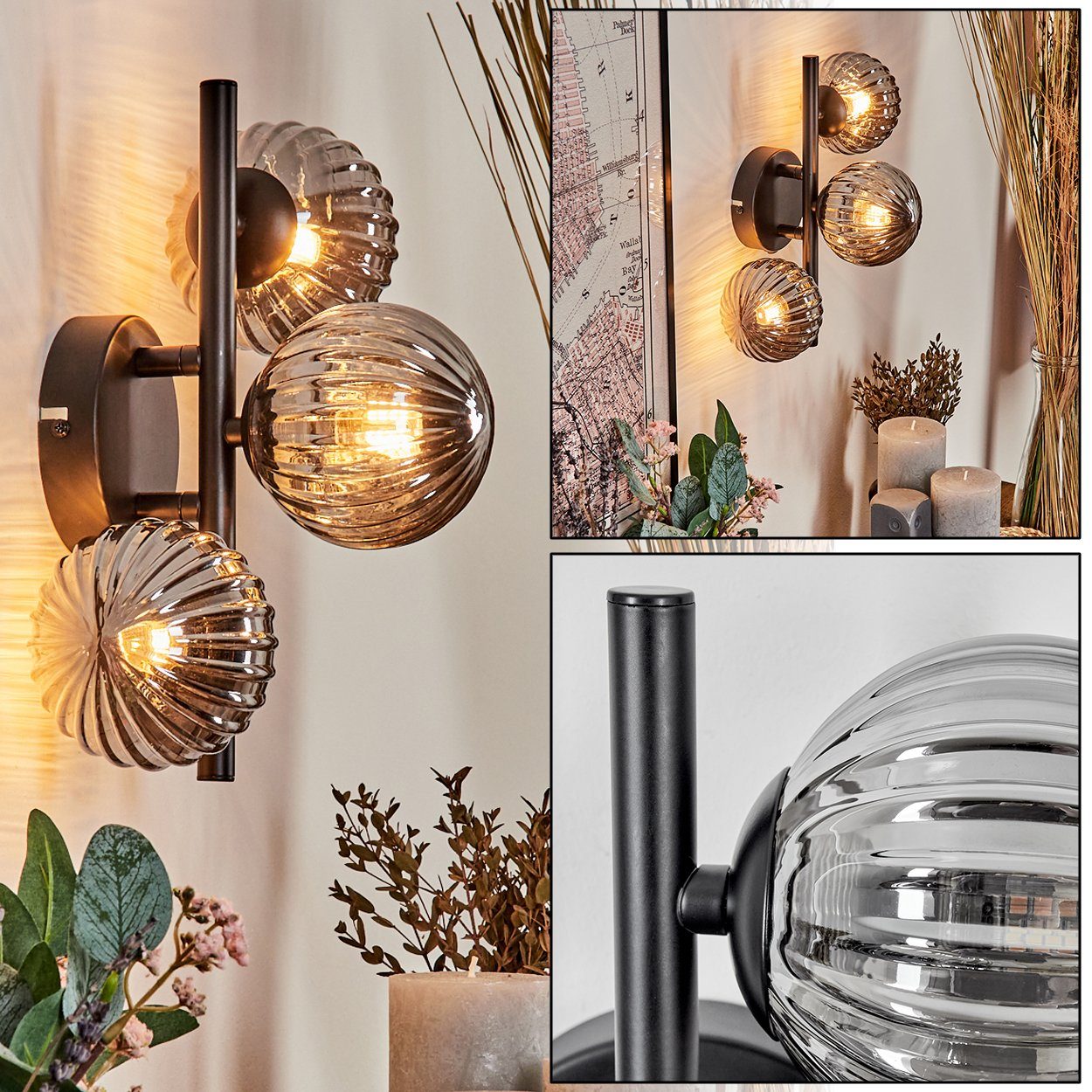 hofstein Wandleuchte Wandlampe aus Metall/Riffelglas in Schwarz/Rauchfarben, ohne Leuchtmittel, Leuchte mit Glasschirmen, An/-Auschalter, 3xG9, ohne Leuchtmittel