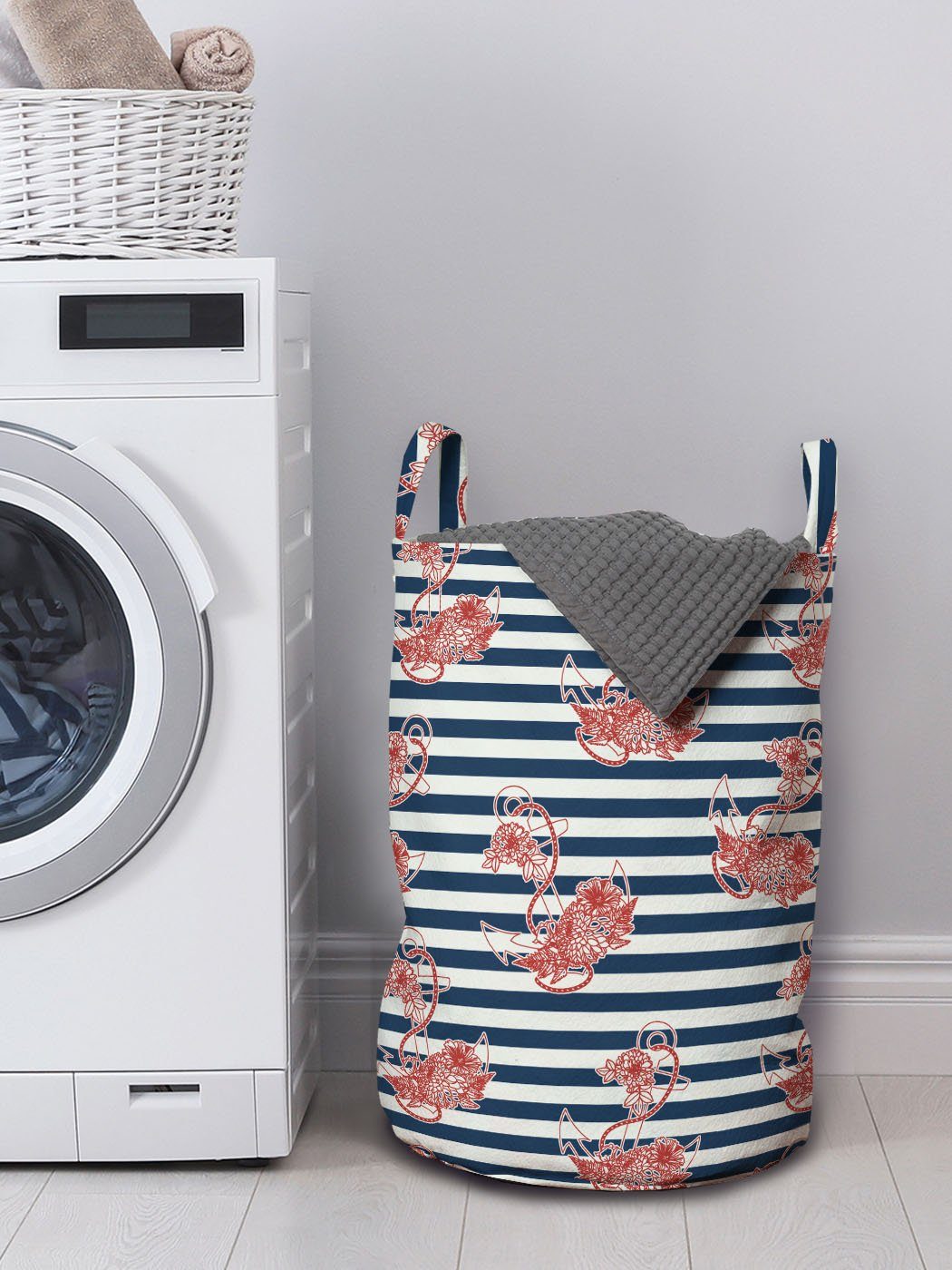 Abakuhaus Wäschesäckchen Wäschekorb mit für Griffen Anchor Kordelzugverschluss Waschsalons, Hintergrund gestreifter Blumen