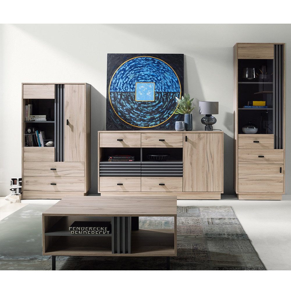 Lomadox Wohnzimmer-Set ANTIGUA-133, (Mega-Spar-Set, 4-St., Vitrine Vitrinenschrank Sideboard Couchtisch), in Eiche mit anthrazitfarbenen Details, viel Stauraum