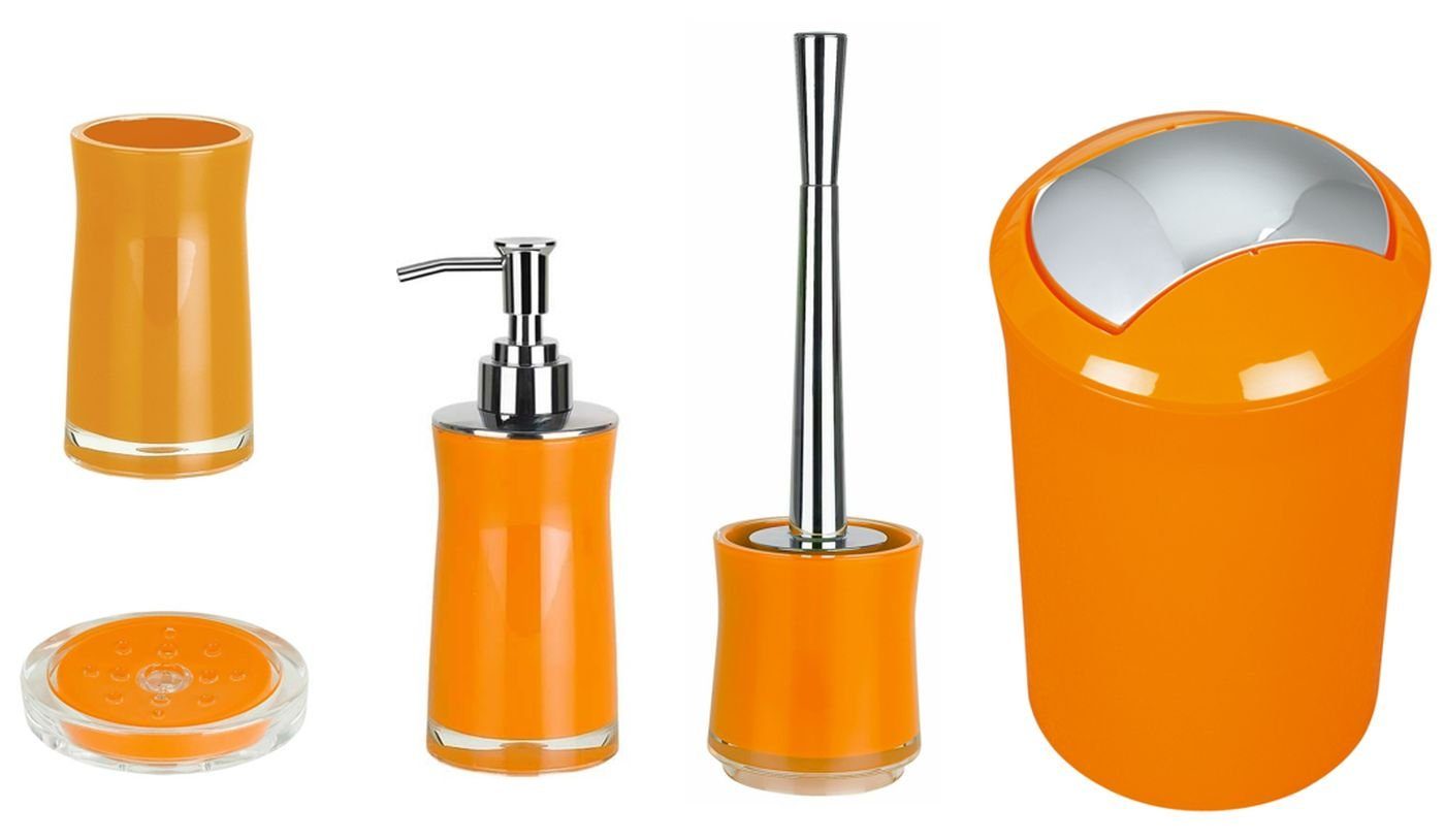 spirella Badaccessoires-Sets Accessoire-Set SYDNEY, Zubehör Set aus hochwertigem Acryl, 5-tlg., bestehend aus WC-Bürste, Kosmetikeimer 5L, Seifenspender 200 ml, Zahnputzbecher, Seifenschale, robust, langlebig, stylisher Look, glänzend, orange, Komplett-Set Badezimmerzubehör, 5 tlg., 5-tlg., Acryl, stylisher Look, orange glänzend