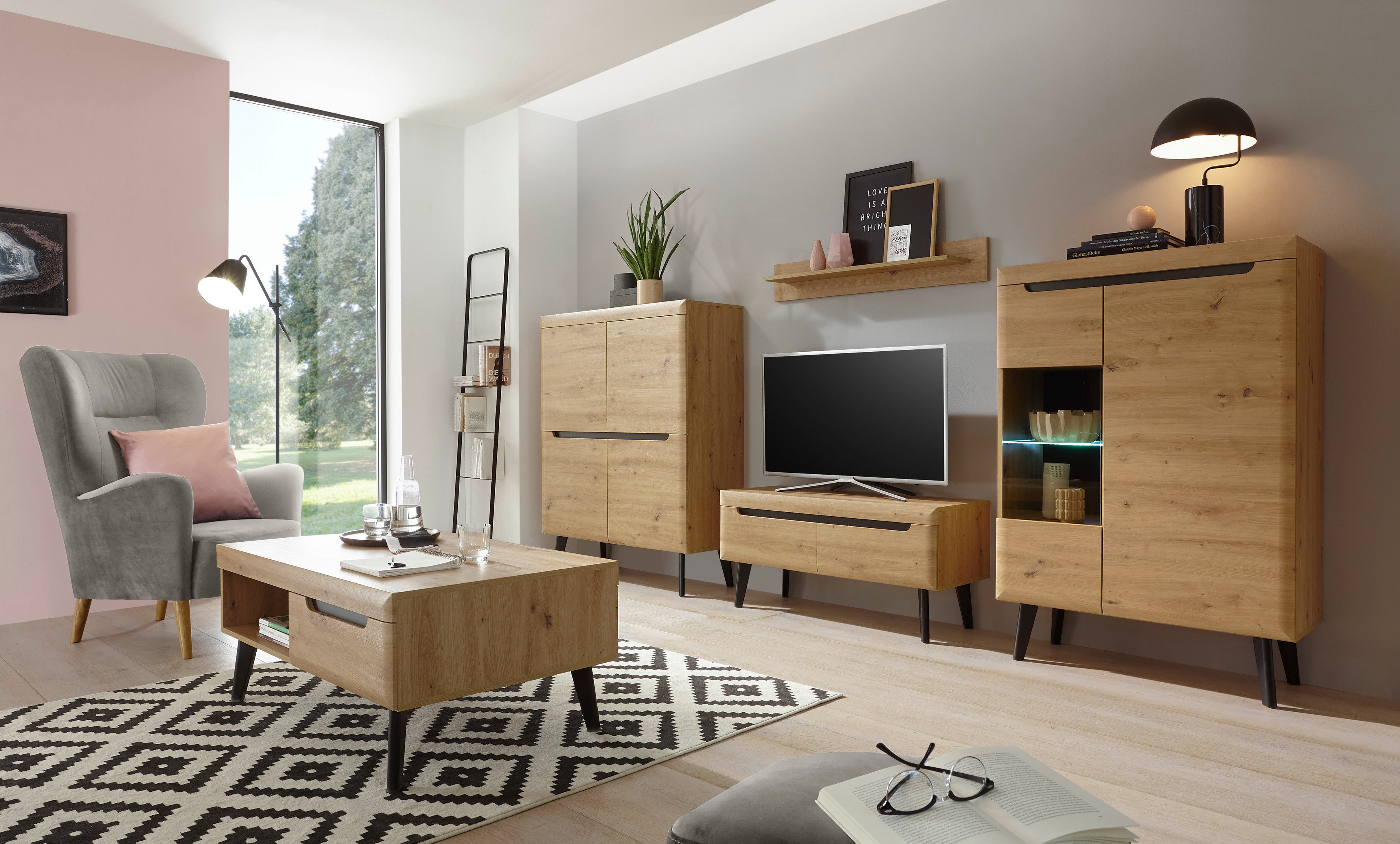 99rooms Wohnwand Tasania, (Set (5-St), Wohnmöbel), mit viel Stauraum, wahlweise mit LED-Beleuchtung