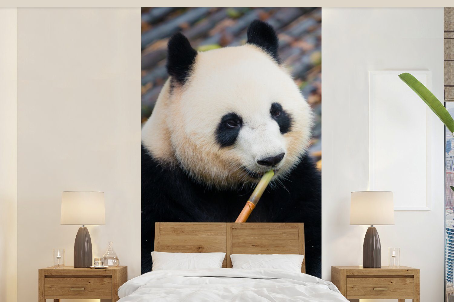 MuchoWow Fototapete Großer Panda - Bambus - Blätter, Matt, bedruckt, (2 St), Vliestapete für Wohnzimmer Schlafzimmer Küche, Fototapete