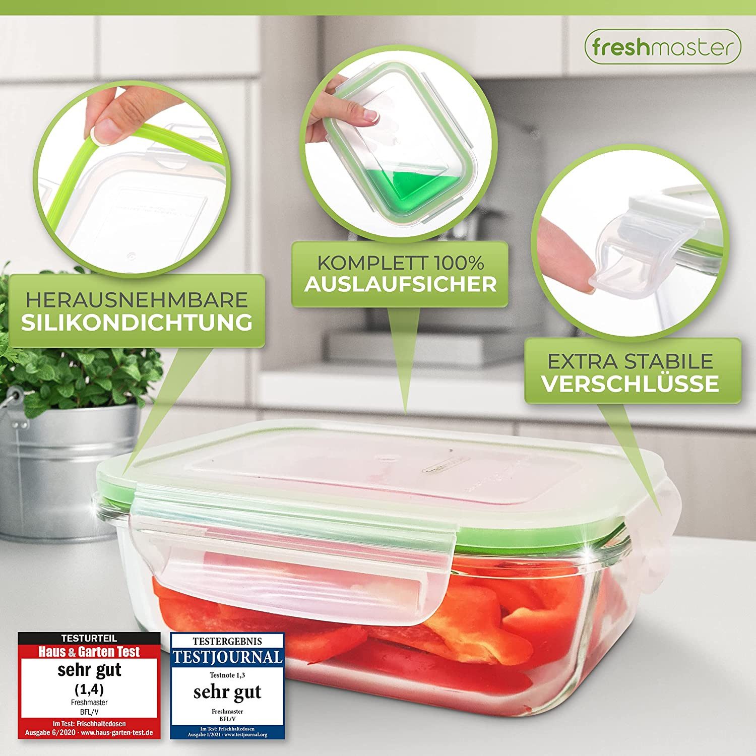 Fresh Master Frischhaltedose 16-tlg. Glas Vorratsdosen Set Frischhaltedosen auslaufsicher luftdicht, Borosililatglas, (Spar-Set), 100% auslaufsichere + luftdich – Bild 5 von 5