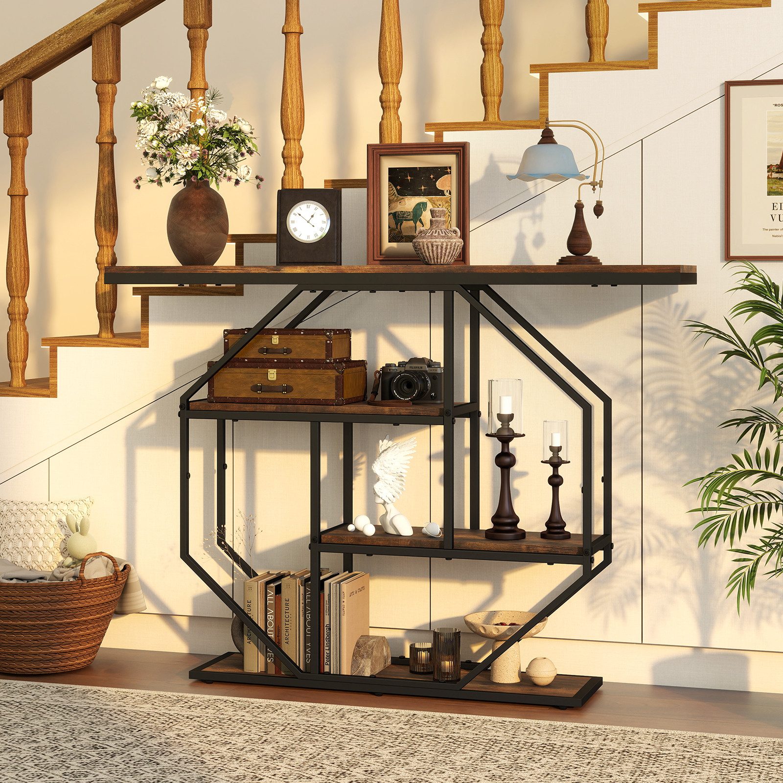 Puluomis Konsolentisch Flurtisch 105x30x85 cm, 4-stöckiger Beistelltisch mit offenem Regal – Bild 3 von 5