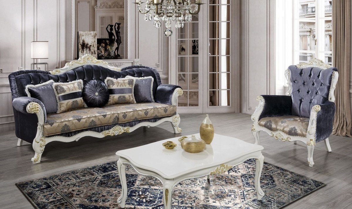 Gold Muster Sofa / Luxus Möbel Weiß Barock Padrino Lila mit elegantem / - Couch Wohnzimmer Glitzersteinen Mehrfarbig Casa Barock Sofa Prunkvolles Wohnzimmer / und Massivholz -