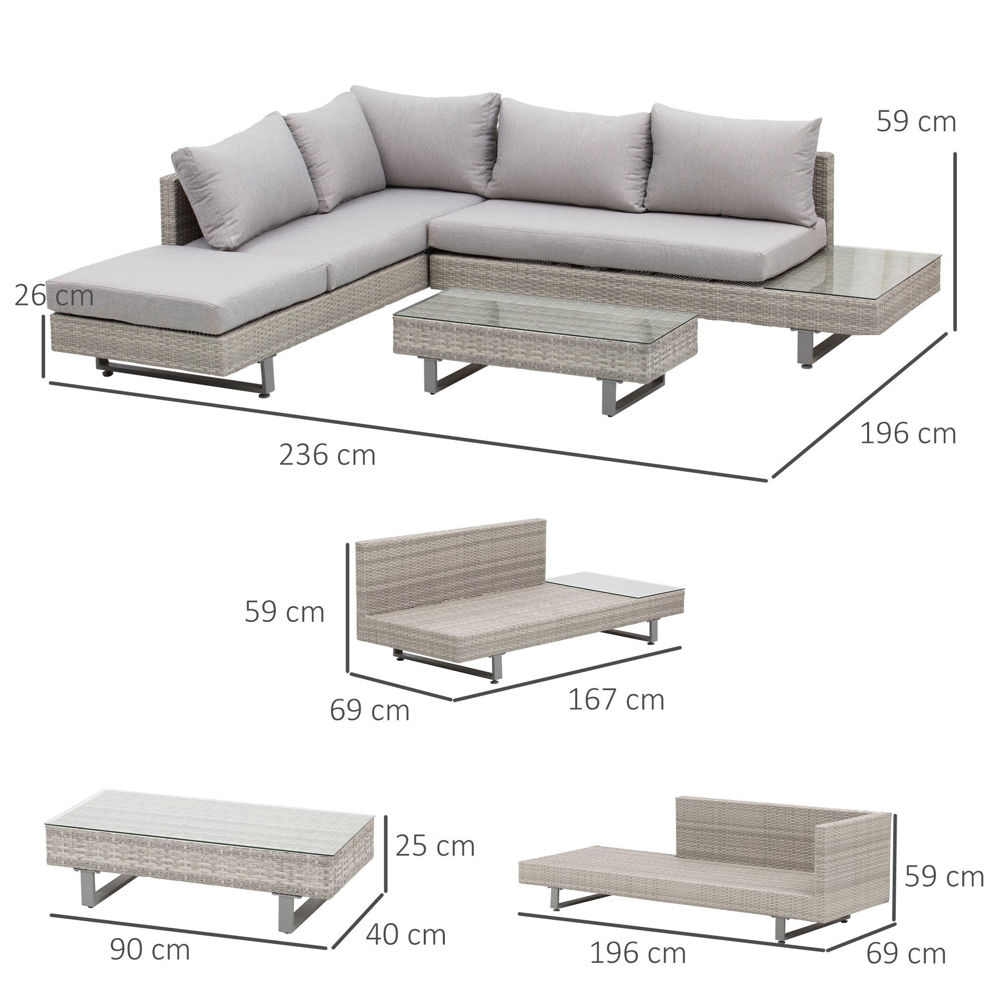 Outsunny Sitzgruppe Polyrattan-Lounge-Set 3-TLG. Couchtisch Beistelltisch, (Gartensofa, 3-tlg., Gartengruppe), Wetterbeständig Grau + Braun 196 x 69 x 59 cm