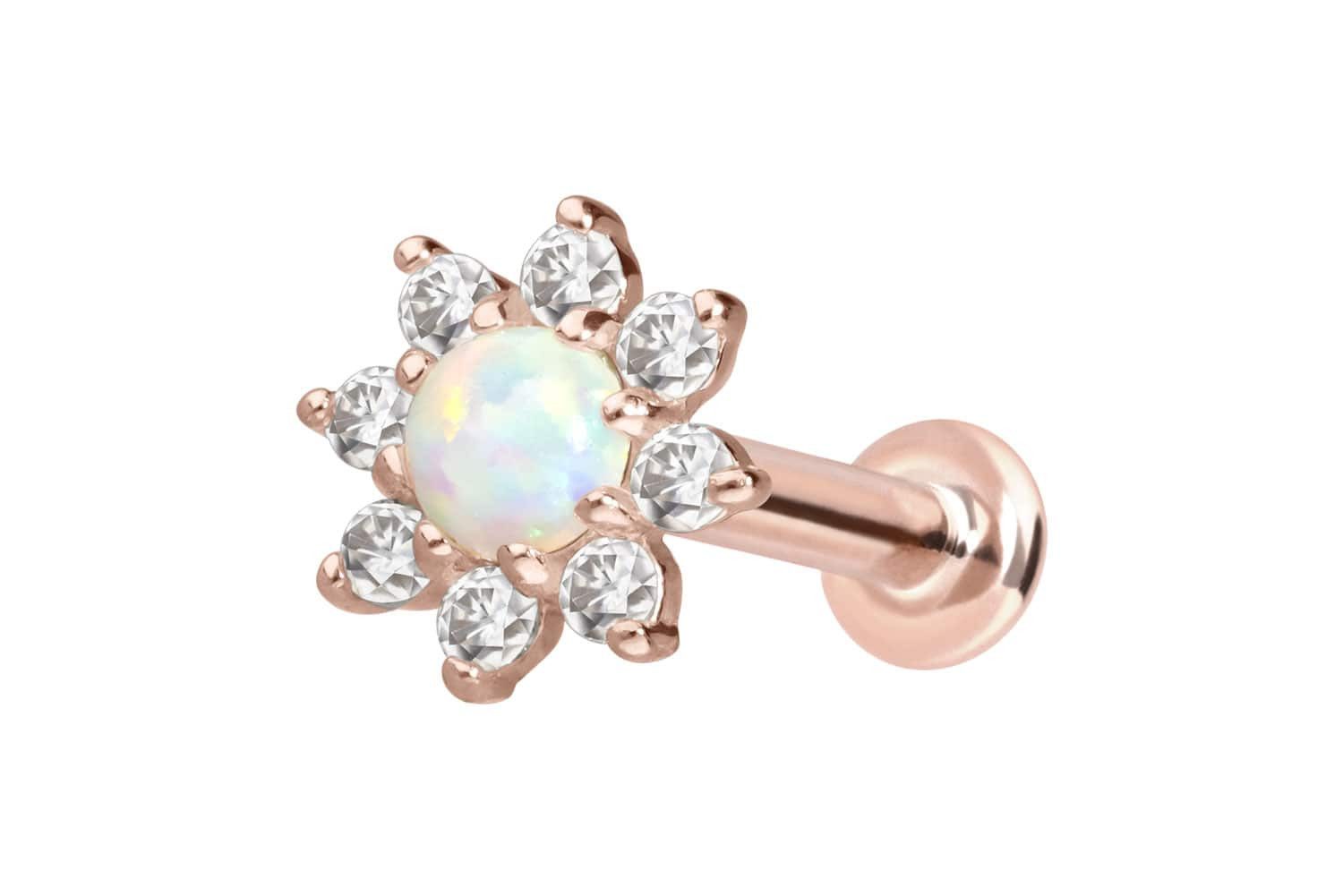 PIERCINGLINE Piercing-Set 14 Karat Gold Labret mit Push Fit MOISSANIT-BLUME + SYNTHETISCHER OPAL (Labrets, 1-tlg)