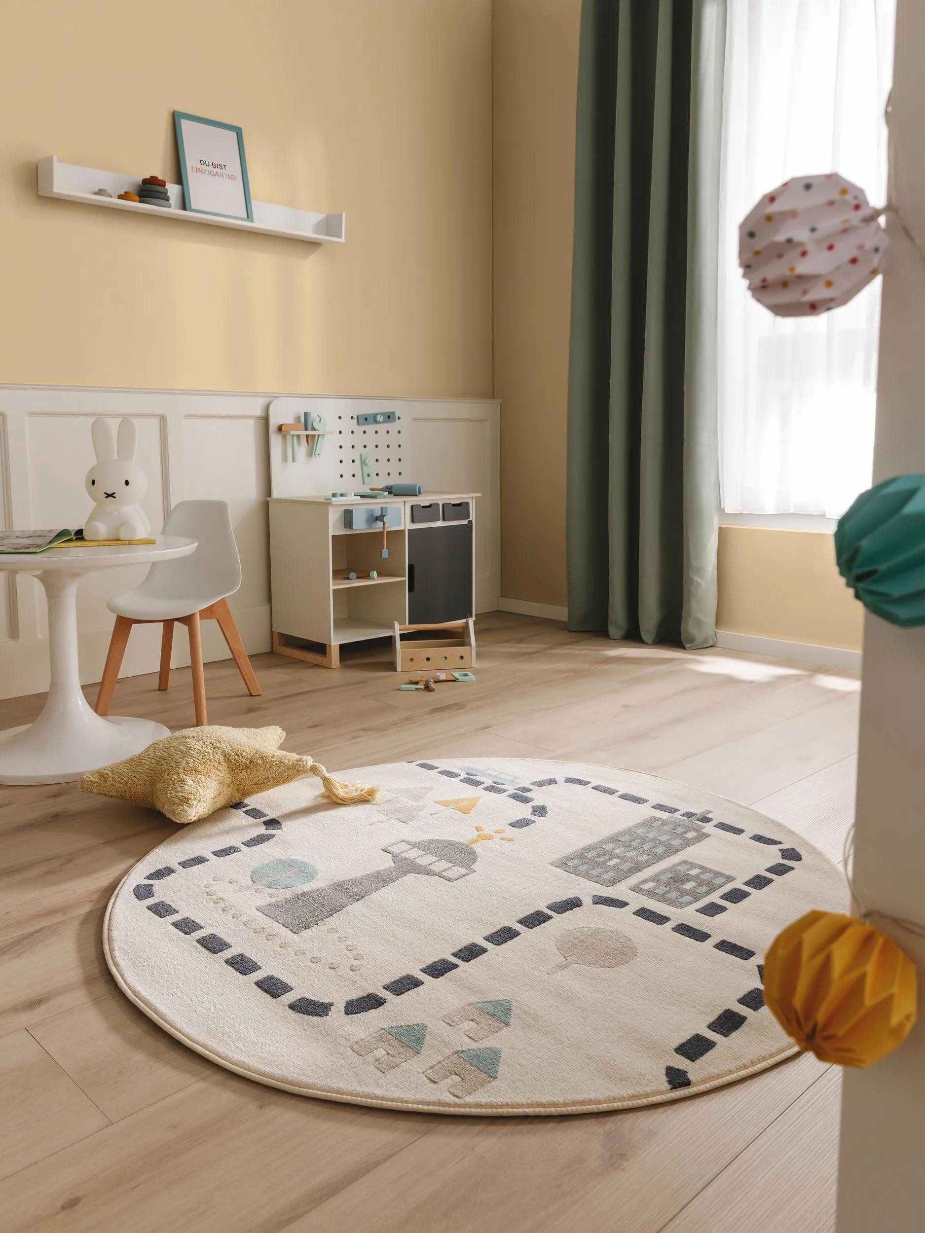 benuta Kinderteppich Juno, rund, Höhe: 6 mm, Teppich Wohnzimmer, Schlafzimmer, Esszimmer, Flur, Rutschfest
