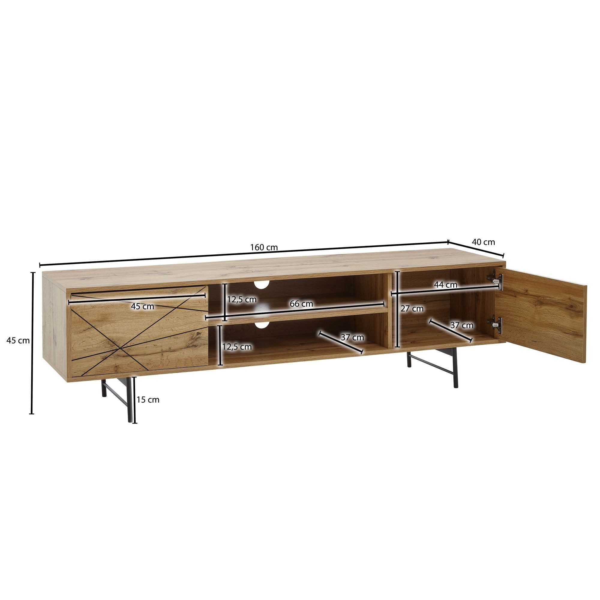 FINEBUY Lowboard FB76449 TV-Board Kommode 160cm MDF Eiche Dekor Design mit 2 Türen (Holz Eiche-Dekor 160x45x40 cm mit zwei Türen), TV-Kommode Hoch, Fernsehtisch, TV-Schrank Modern