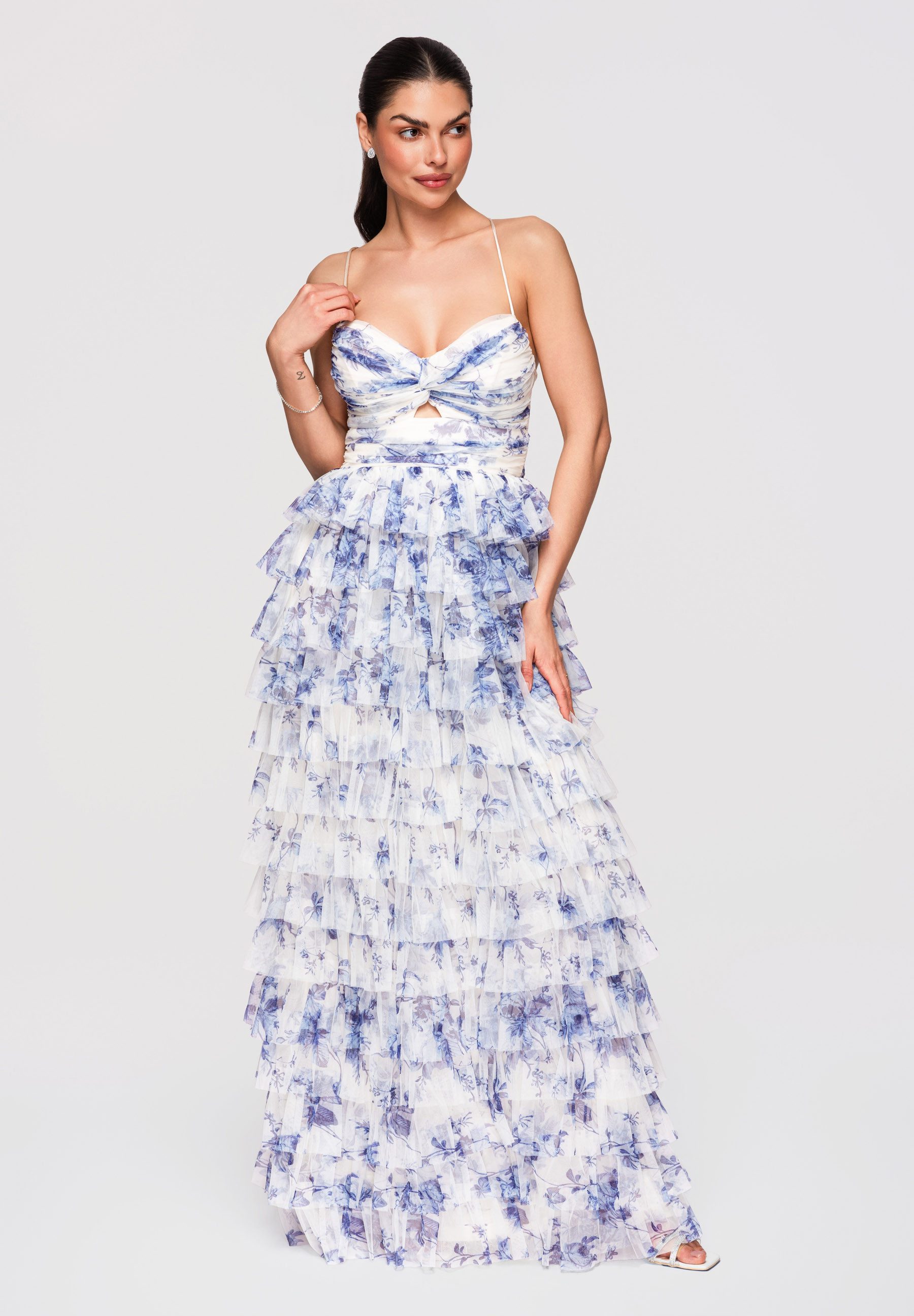 OMBRE Abendkleid Maxikleid Abendkleid Tüll mit Schnürung Blau M (kein Set, 1-tlg) Offener Rücken mit gekreuzten Bändern und regulierbarer Schnürung
