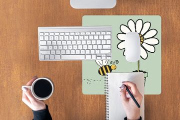 MuchoWow Gaming Mauspad Illustration einer Biene, die auf eine weiße Blume zufliegt (1-St), Mousepad mit Rutschfester Unterseite, Gaming, 40x40 cm, XXL, Großes