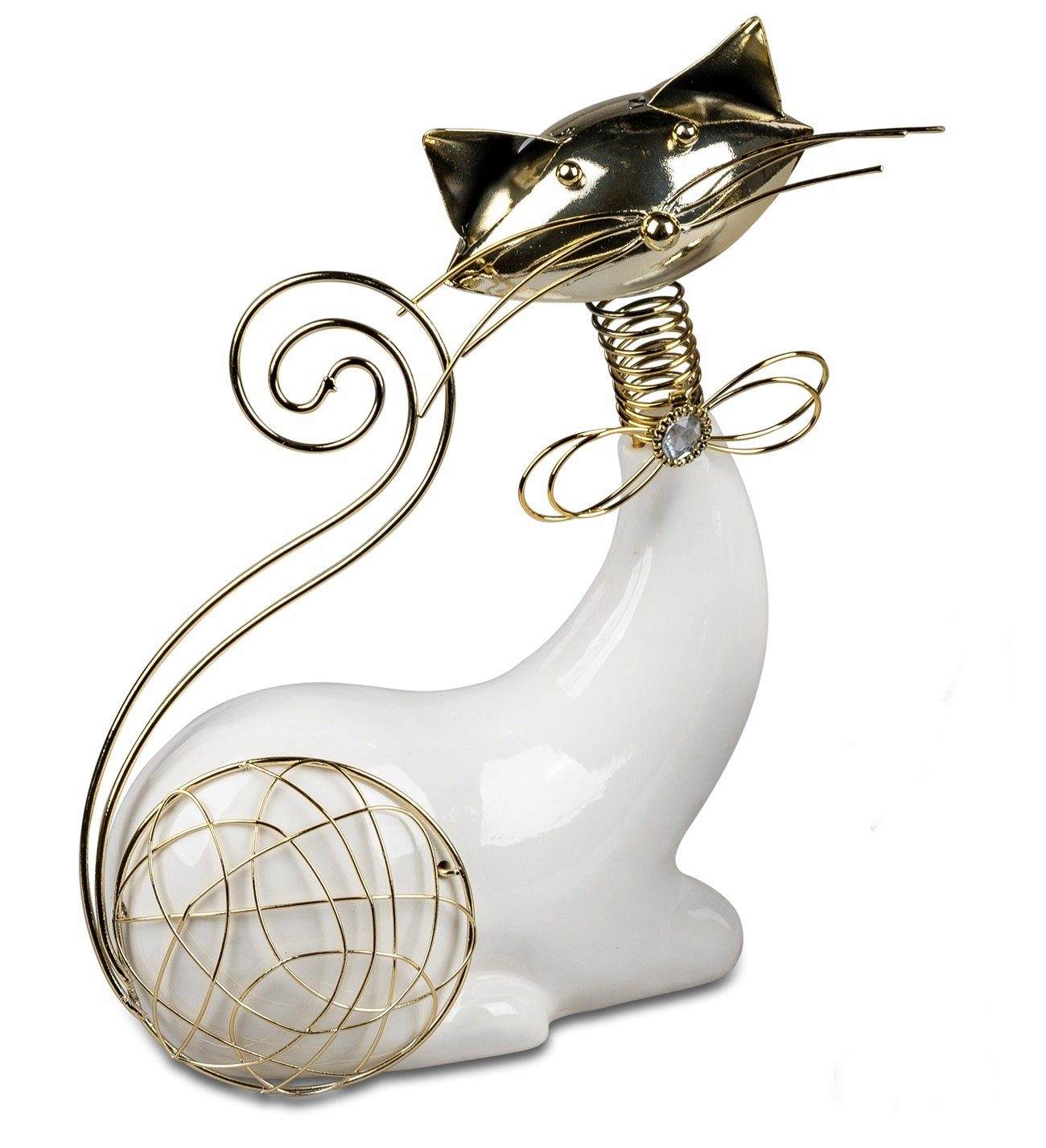 dekojohnson Dekofigur Deko-Katze aus Porzellan und Metall weiß-gold 24cm