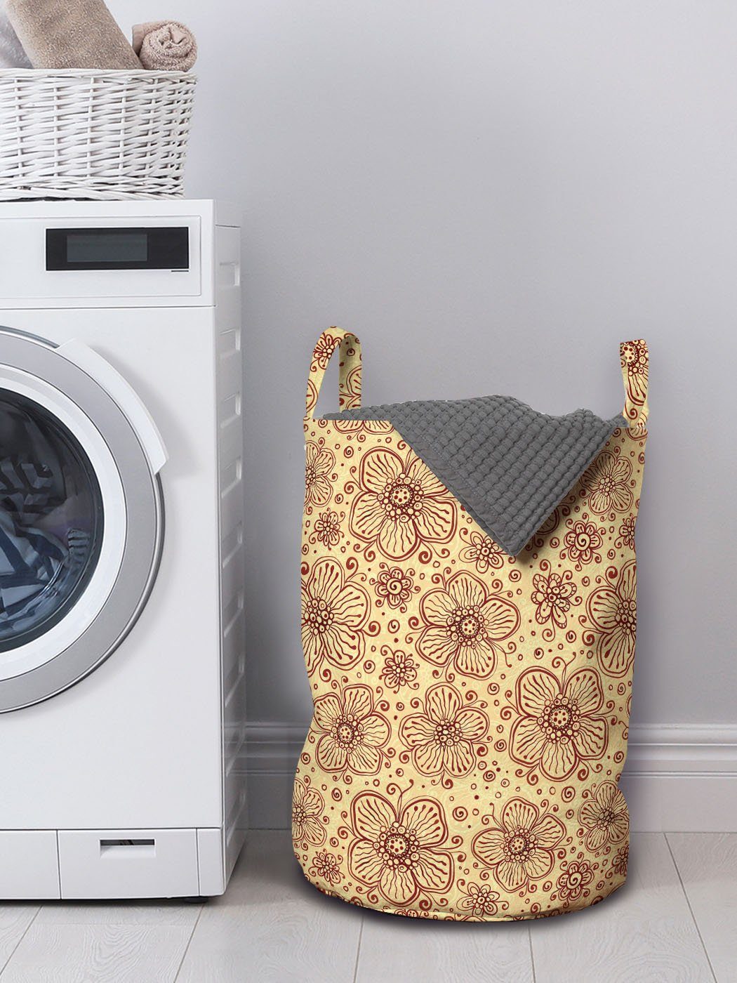 Wäschekorb mit Griffen Wäschesäckchen Kordelzugverschluss Blüten-Spiralen-Kunst für Abakuhaus Blumen Waschsalons,