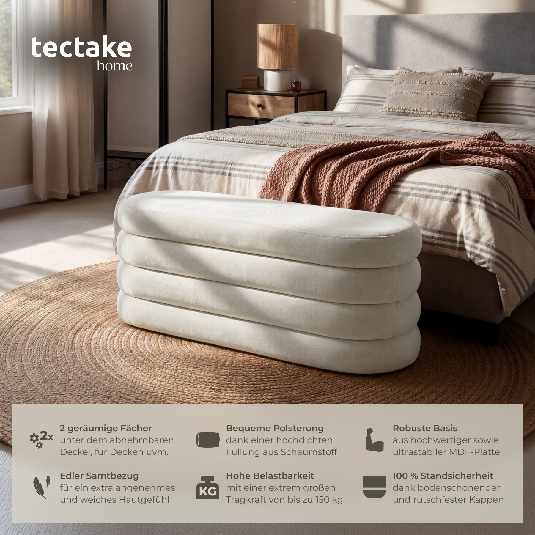 tectake Bank Stauraumbank (Bettbank Altu, in Samtoptik creme-weiß), mit bodenschonenden Kunststoffkappen und hohem Sitzkomfort