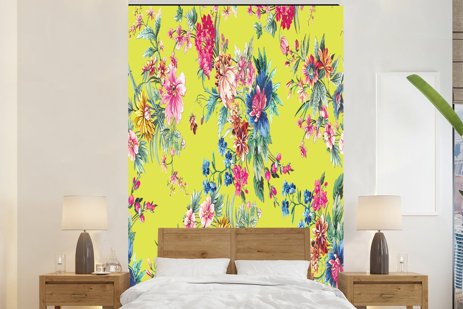 MuchoWow Fototapete Blumen - Farben - Grün, Matt, bedruckt, (3 St), Montagefertig Vinyl Tapete für Wohnzimmer, Wandtapete