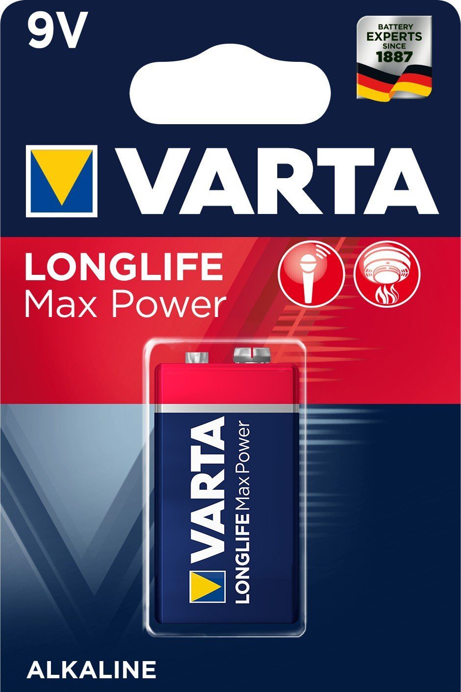 Varta Longlife Max Power 9V Block 6LR61 Batterie, Alkaline E-Block Batterien ideal für Feuermelder Rauchmelder Stimmgerät (1er Pack) Batterie