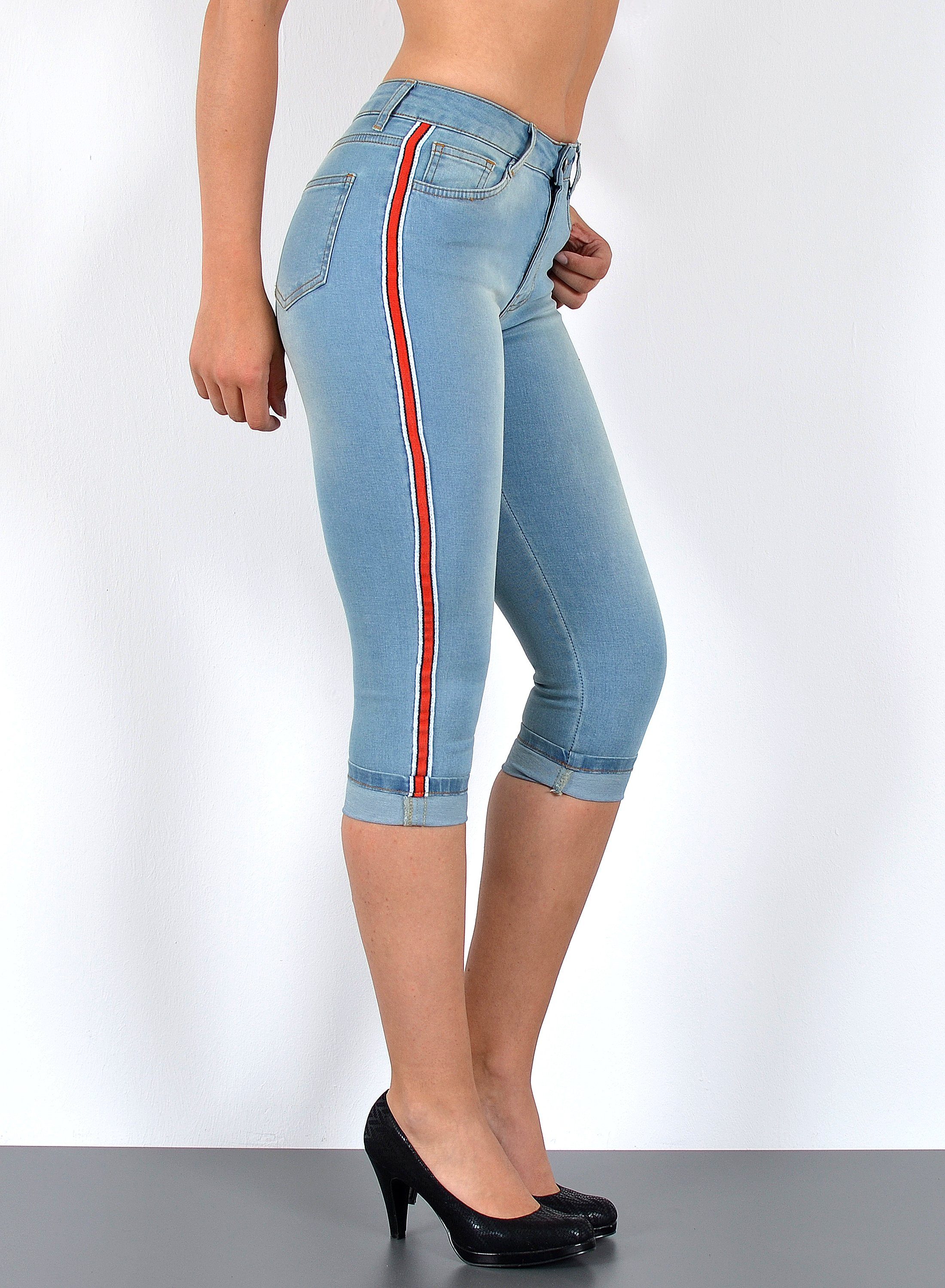 ESRA Caprijeans 3/4 Jeans Hose Capri Jeans mit Seitenstreifen Caprihose Damen Sommer High Waist Capri Jeans Damen 3/4 Hose mit Galon-Streifen bis Plus Size
