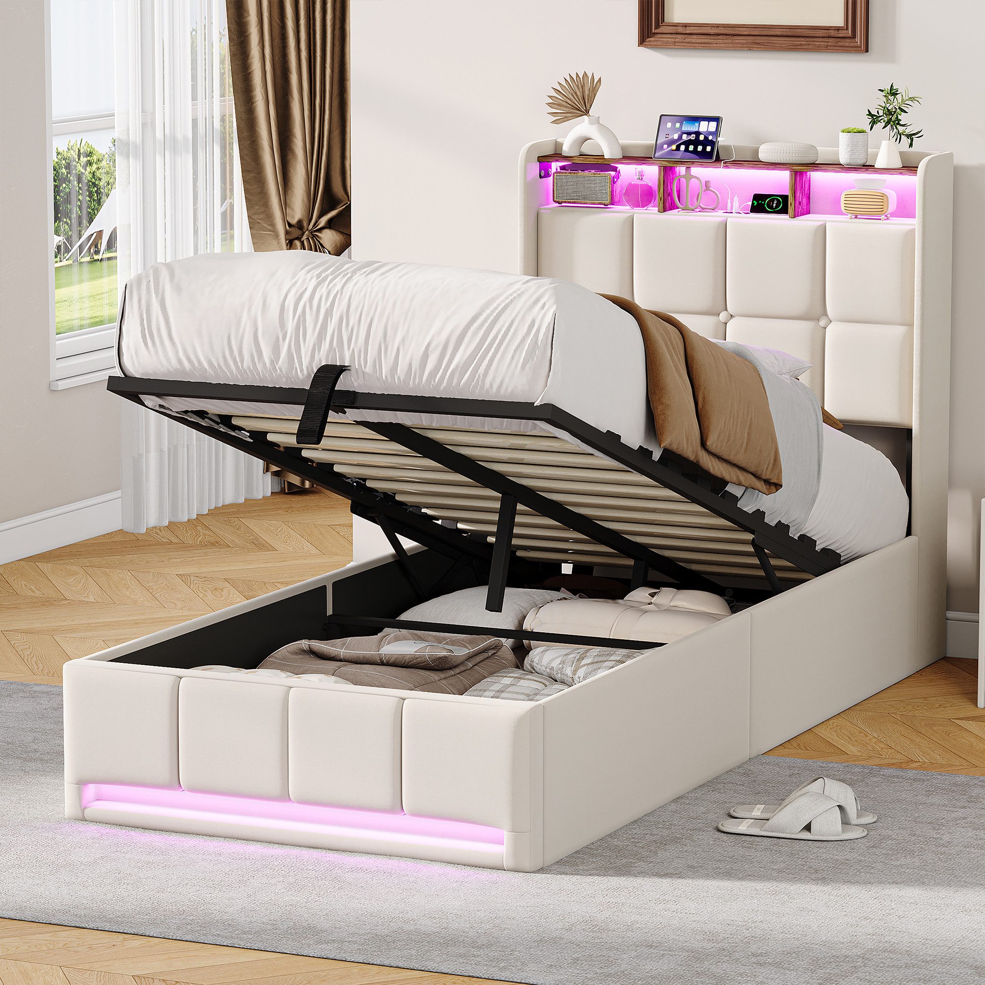 ADWOLT Polsterbett LED Hydraulisches Doppelbett Bett mit Stauraum (Set, 1-tlg., 90x200cm Stauraumbett), Bettgestell mit Lattenrost,Leinenmaterial,ohne Matratze,Beige