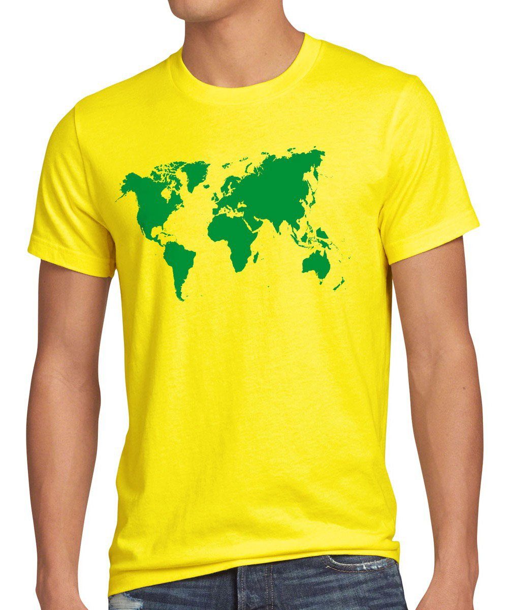 style3 Print-Shirt Herren T-Shirt Sheldon World Map Weltkarte big welt geo cooper bang karte theory gelb