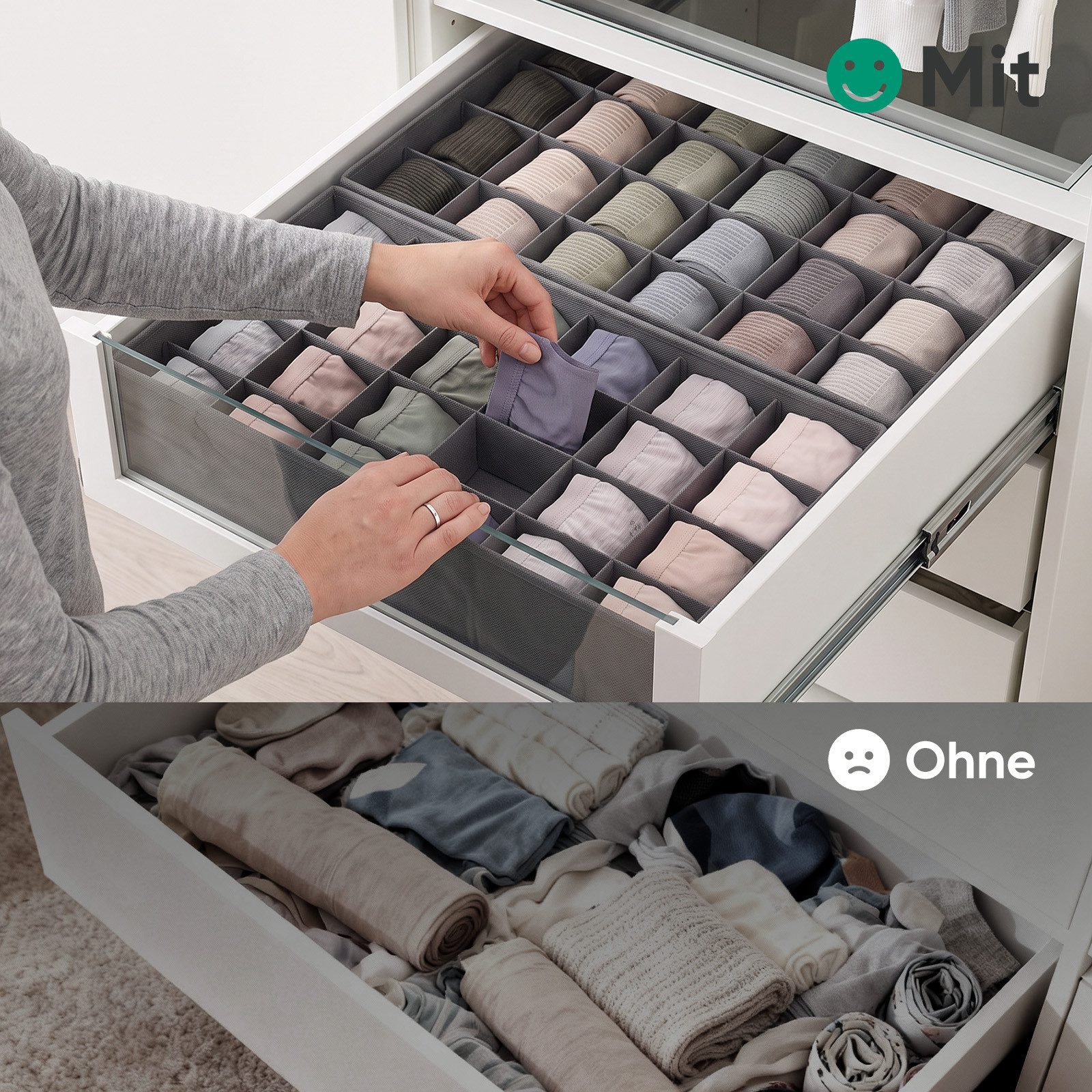Sekey Aufbewahrungsbox Schubladen Organizer aus Vliesstoff – faltbare Aufbewahrungsboxen, 2er-Set, 39 × 26 × 11 cm für PAX 50, mit Einzelfächern für Socken – Bild 4 von 5