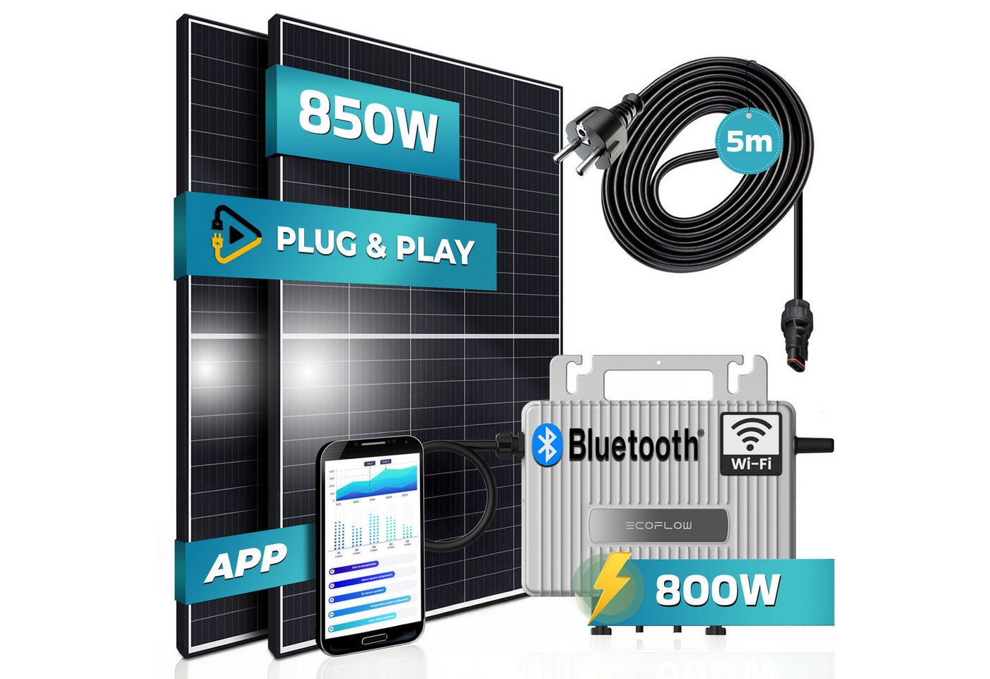 Thumbnail - SUNNIVA Balkonkraftwerk 850W/800W komplett Steckdose -, (Ecoflow Stream 800W Micro Wechselrichter - PV Solaranlage Kompl...