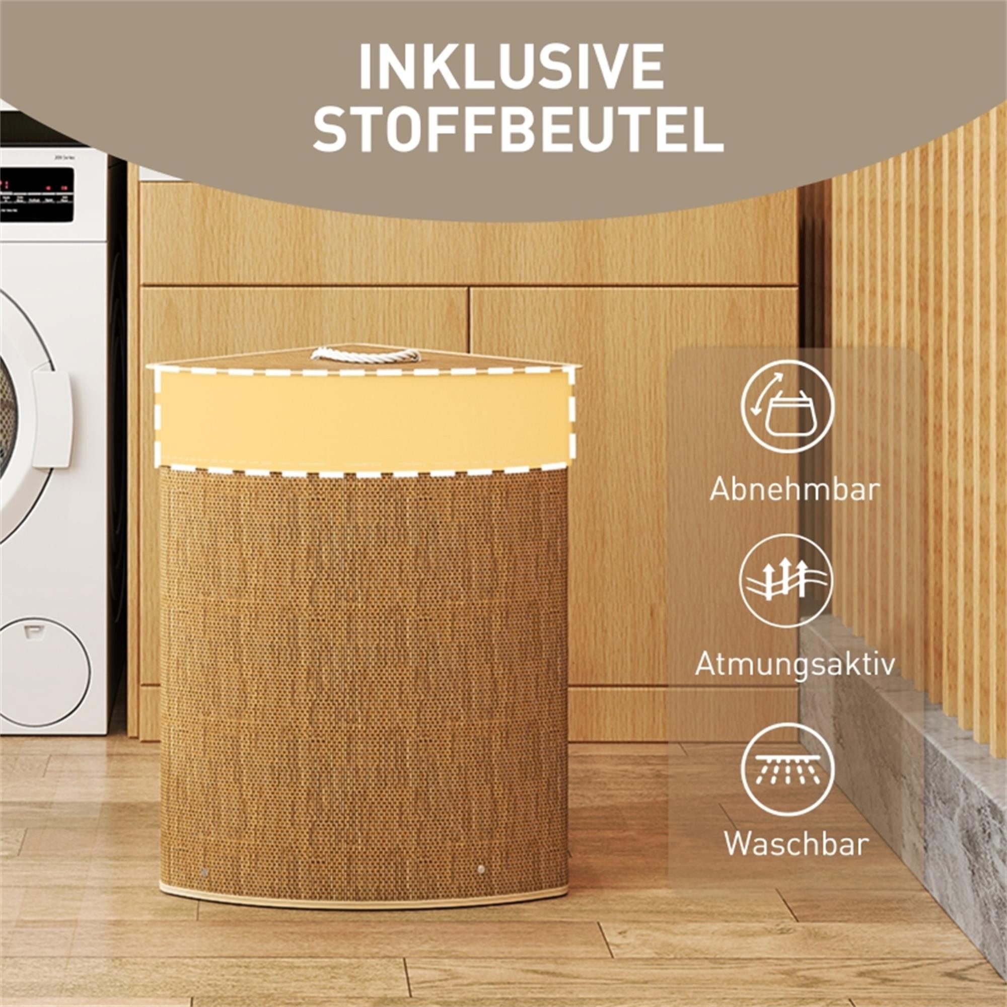 ibettertec Wäschekorb Bambus Wäschekorb mit Deckel 55L, Eck Wäschesammler (mit herausnehmbarem Sack, für Bad & Waschküche) – Bild 3 von 5