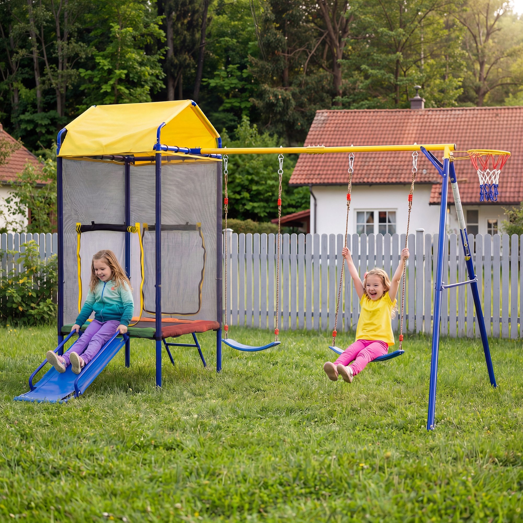 Merax Spielturm mit Sicherheitsnetz, 4-in-1 Spielgerät mit Trampolin Doppelschaukel Rutsche Basketballkorb